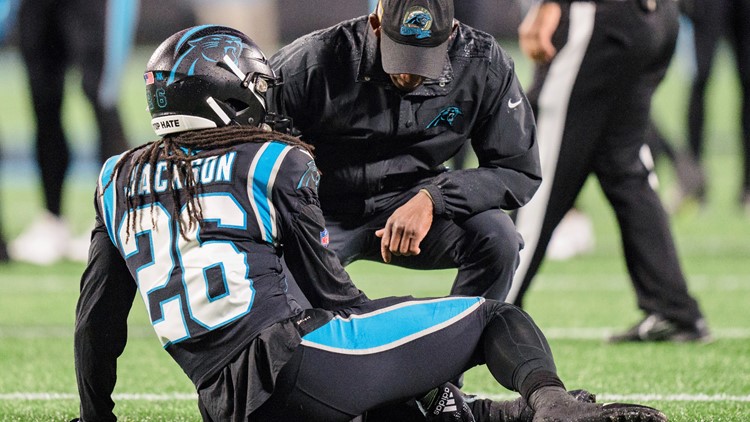 Carolina Panthers cornerback Donte Jackson (26) after an interception  during the NFL football game between the