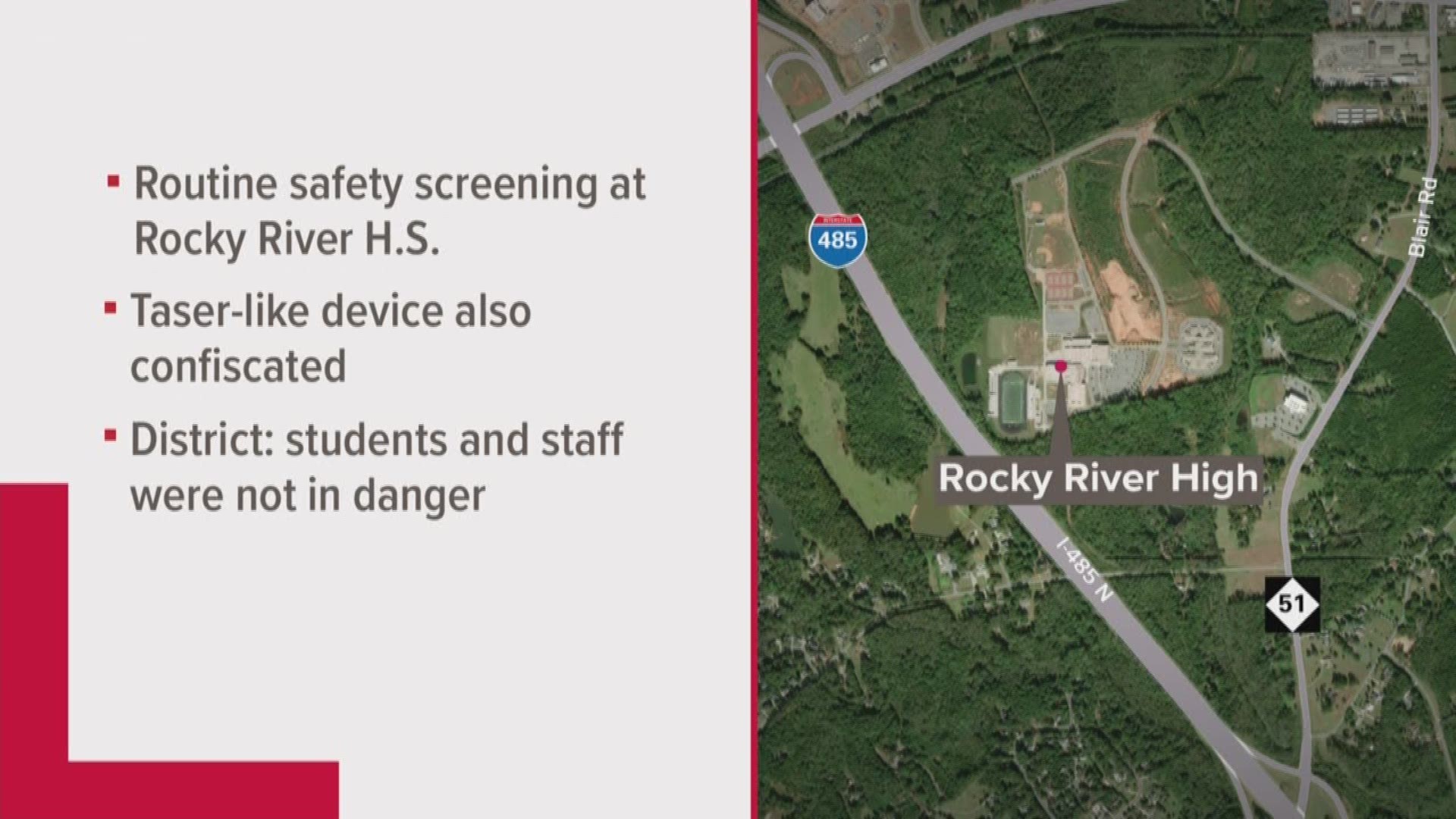 During the routine safety screening at Rocky River High School Wednesday morning, one loaded firearm was located by a CMS-PD canine firearms detection team.