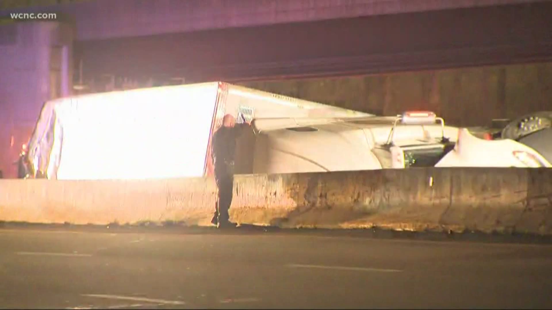 The tractor-trailer overturned around 6:15 p.m. Wednesday. At this time, it's not known if there were any injuries.