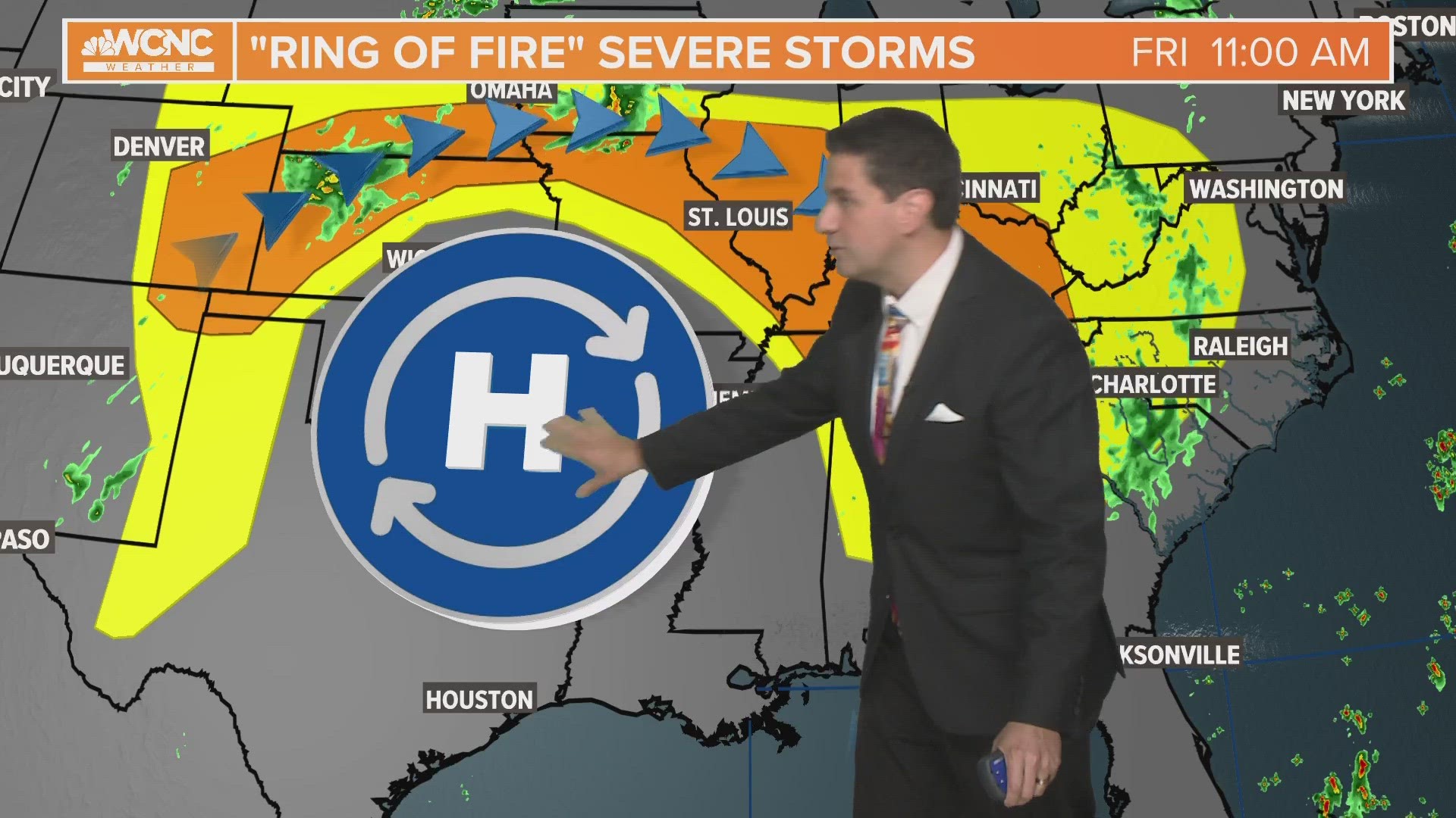 Ring of fire will spin storms into the area the next couple of days with the best chance for severe storms coming Saturday. Sunday will be the hottest