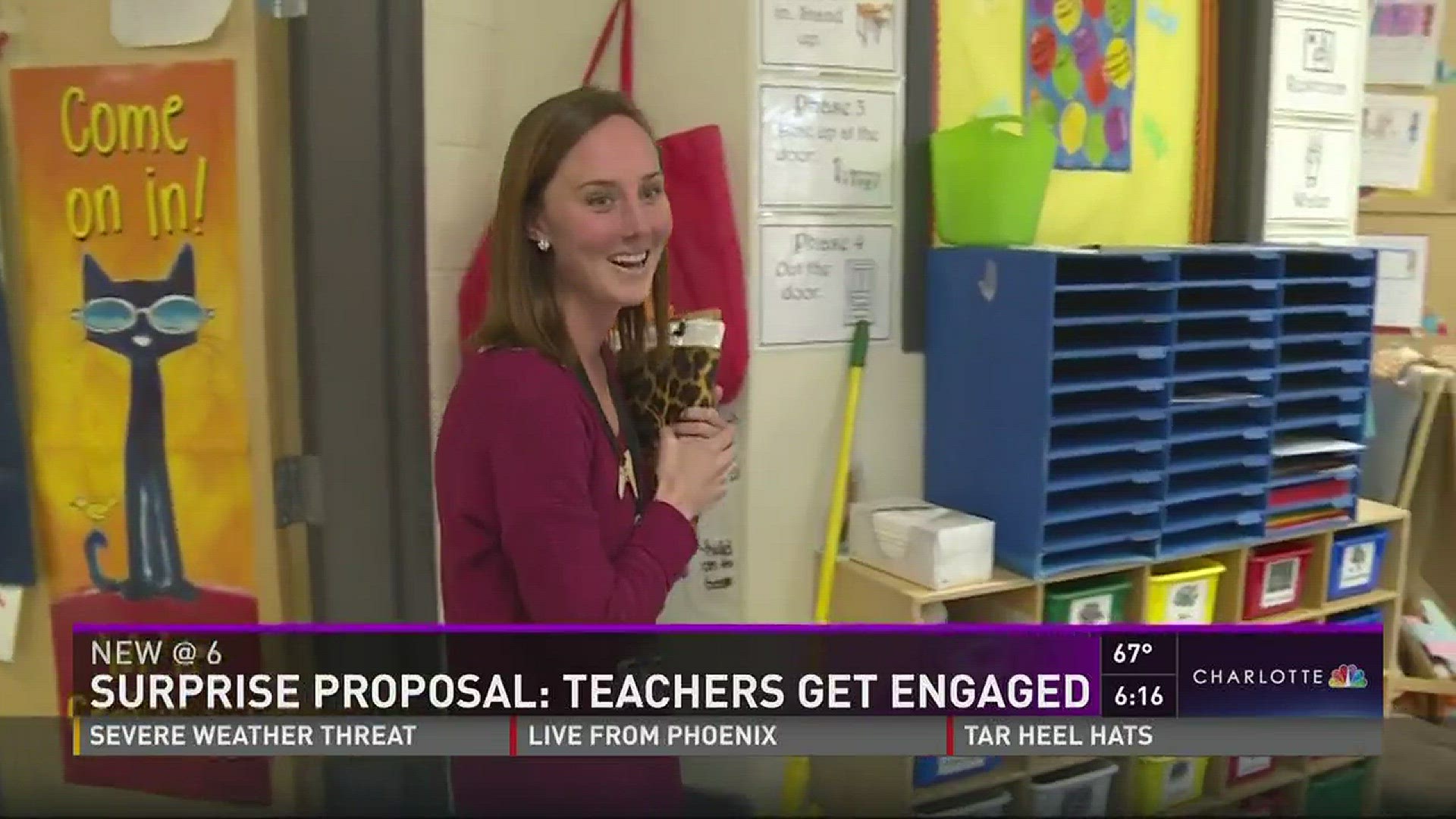 A CMS kindergarten teacher proposed to his girlfriend, also a kindergarten teacher at the same school, in front of both of their classes Thursday.
