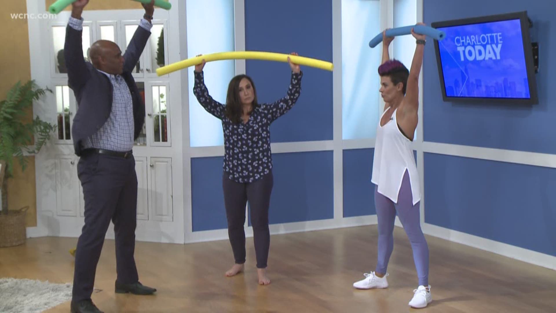 Trainer, Lynn Fernandez, shows us how to get a killer workout in by the pool or at home using just a pool noodle.