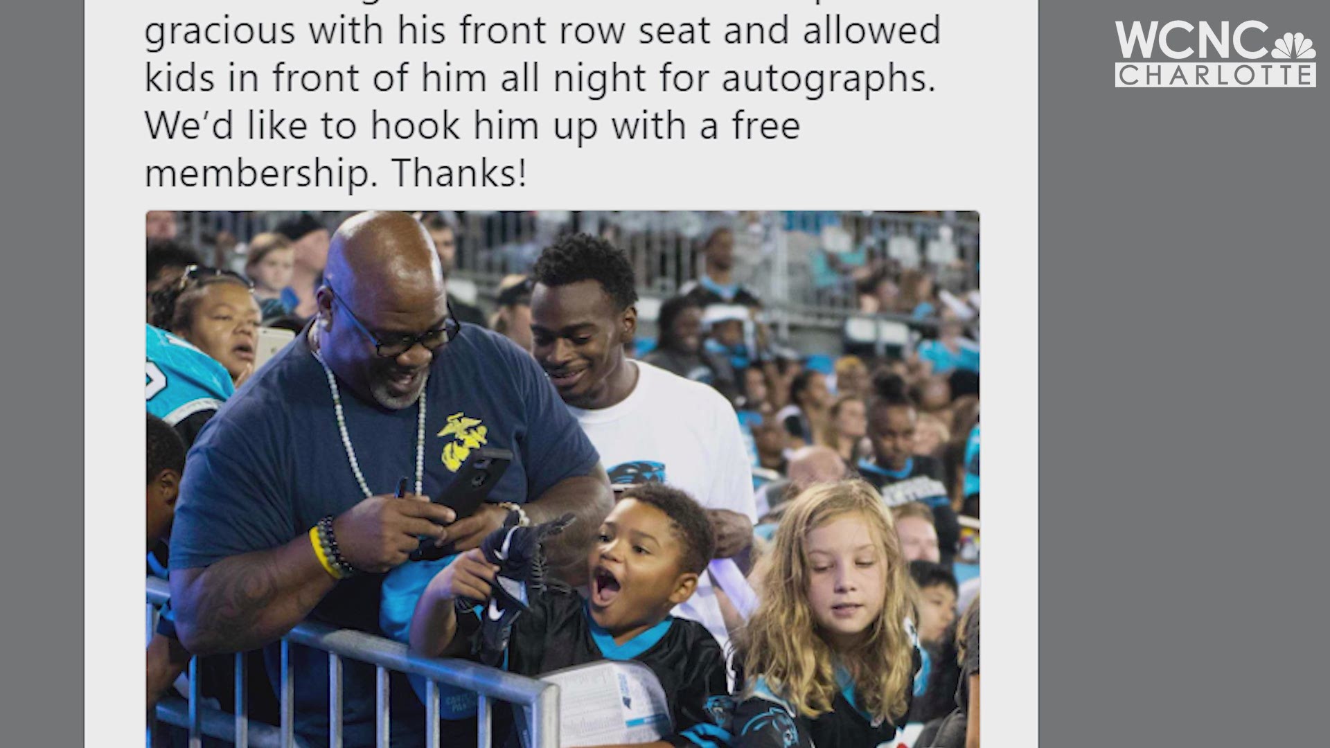Gracious man being praised for allowing kids to jump in front of him at Panthers Fan Fest