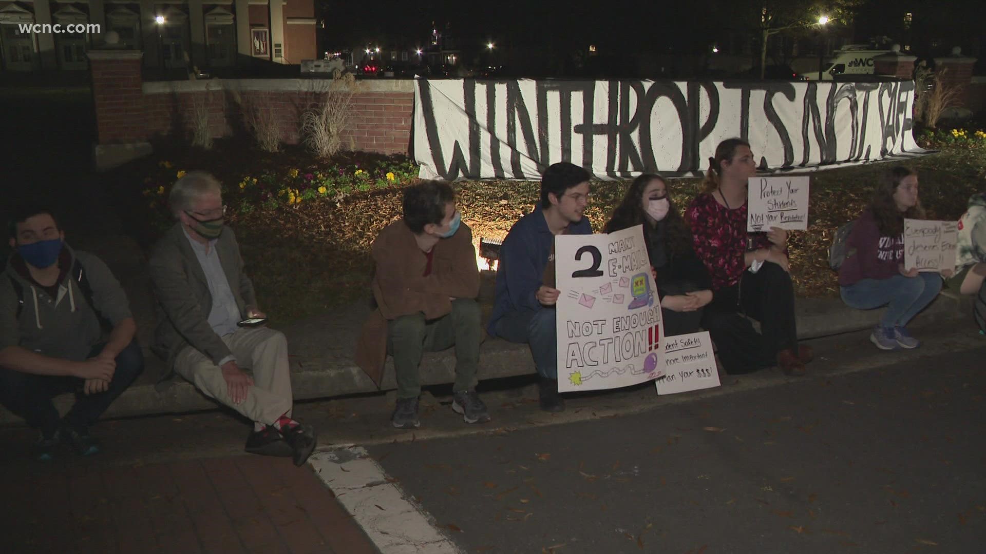 The protest comes after a student was sexually assaulted in a dorm in November. Police say the suspect wasn't a student.