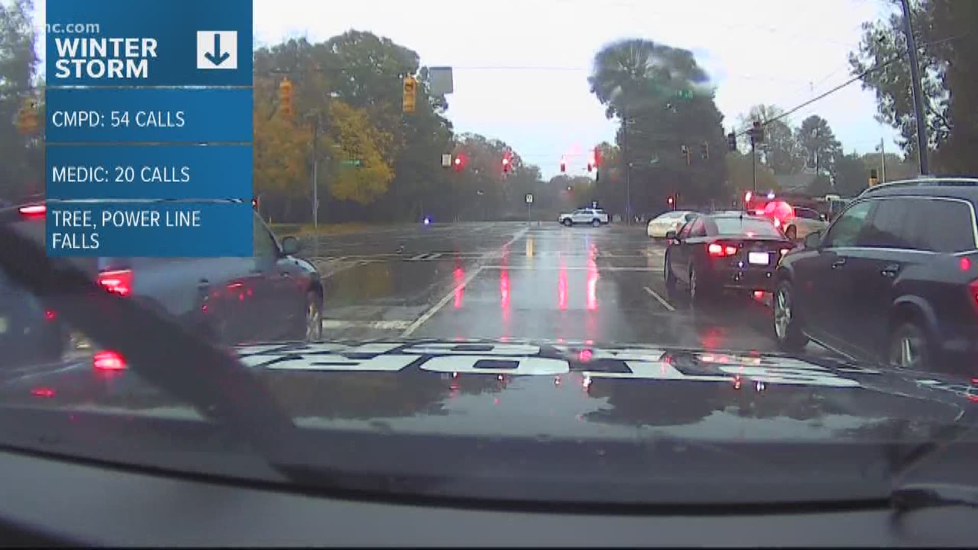 There were dozens of reports of downed trees, power lines and crashes across the Charlotte area during a wet and messy commute Thursday.