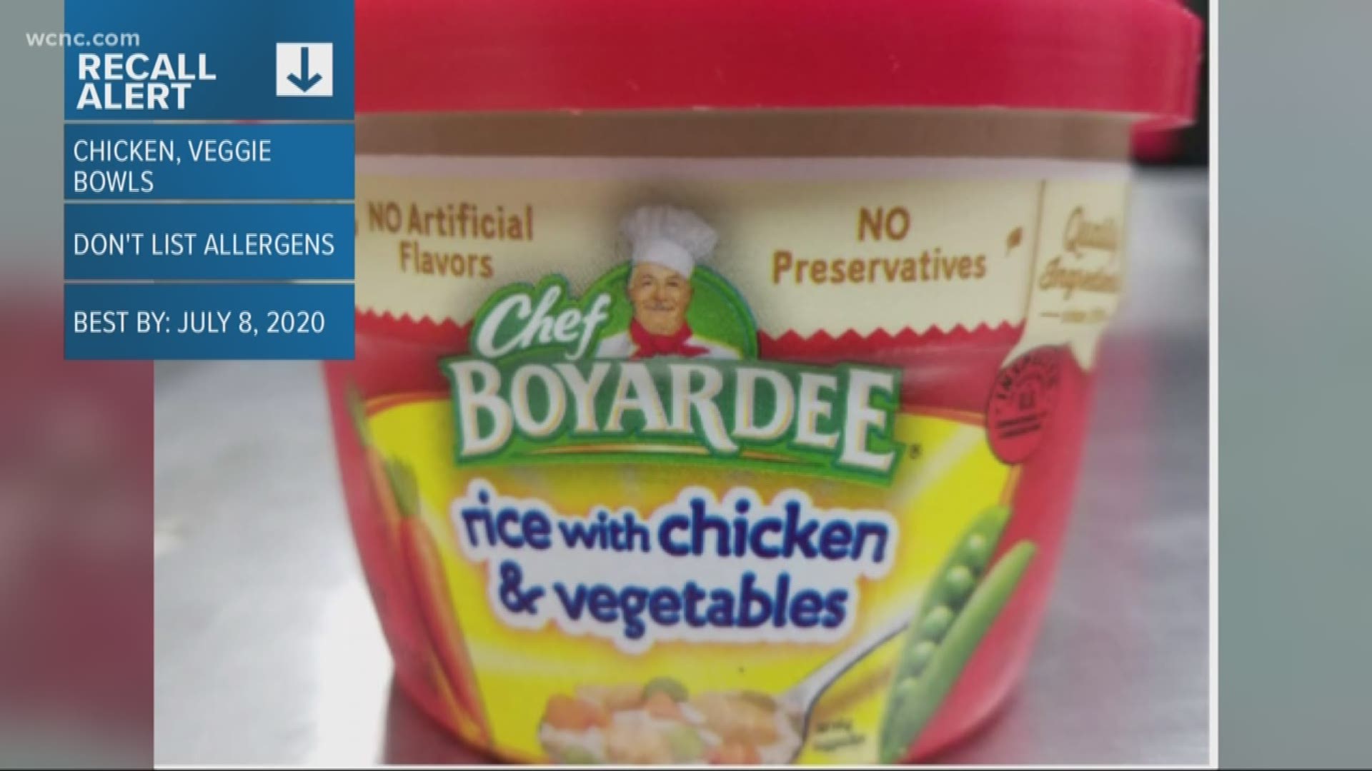 More than 2,000 pounds of Chef Boyardee rice with chicken & vegetables bowls are being recalled because they were mislabeled and do not list a potential allergen, according to ConAgra Foods.