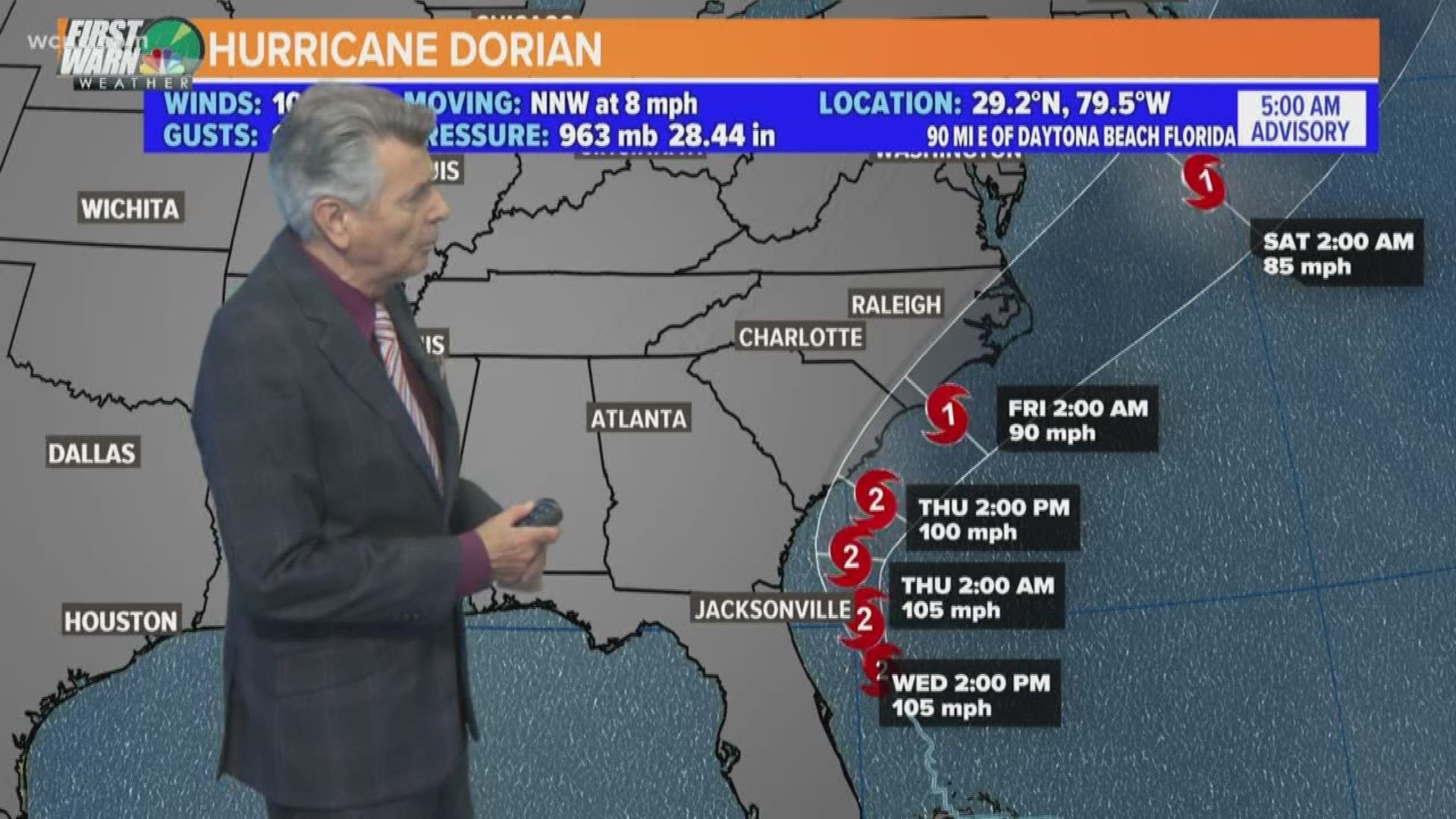 Hurricane Dorian continues to move north with sustained winds of 105 mph. The powerful and dangerous storm will create 7-10 feet of storm surge on the coast and dump nearly a foot of rain.