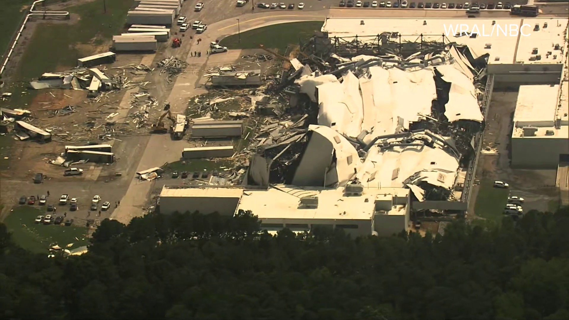 The roof was ripped off the Pfizer building in Rocky Mount, North Carolina, by a tornado that caused significant damage Wednesday afternoon.