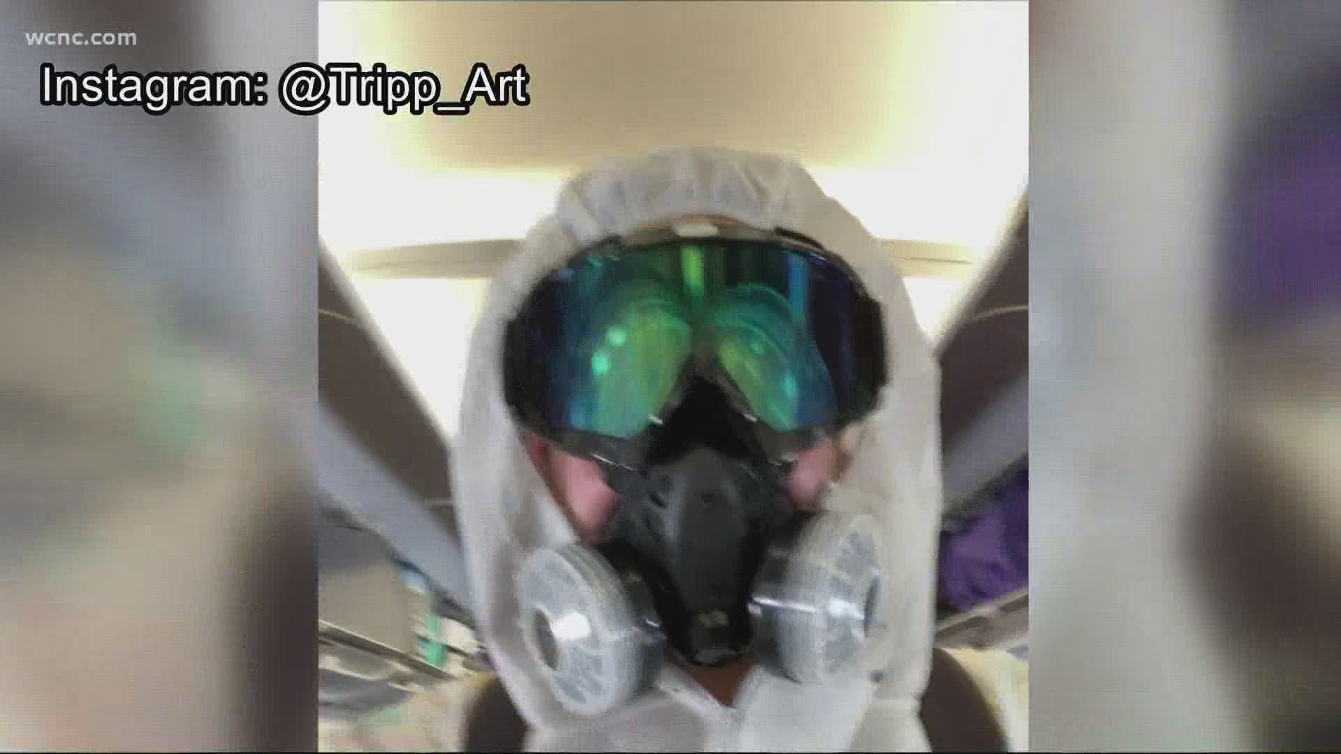 A man took his safety to the extreme while flying, wearing a complete hazmat suit with a respirator on his flight back to Charlotte.
