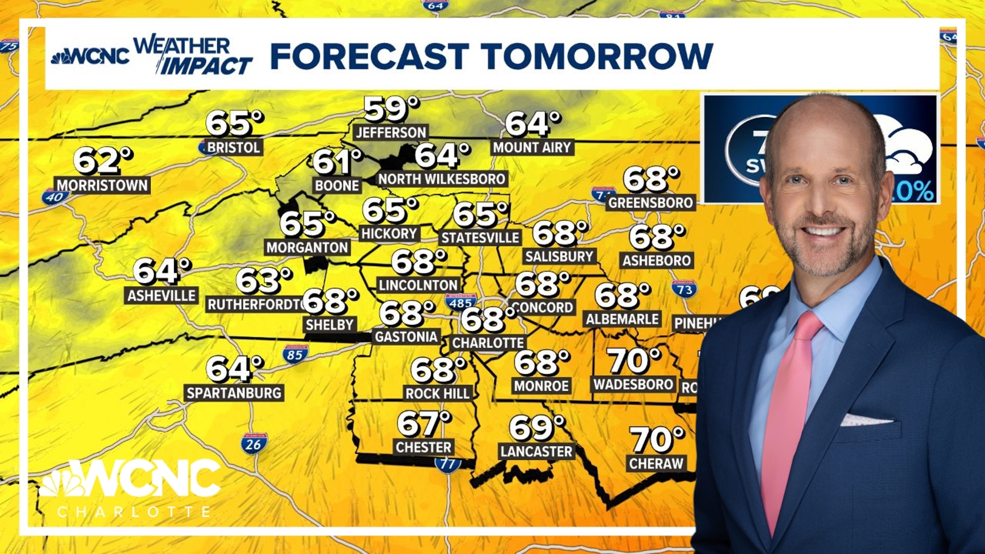 Clouds will take over by Tuesday afternoon, but highs will still reach the upper 60s.