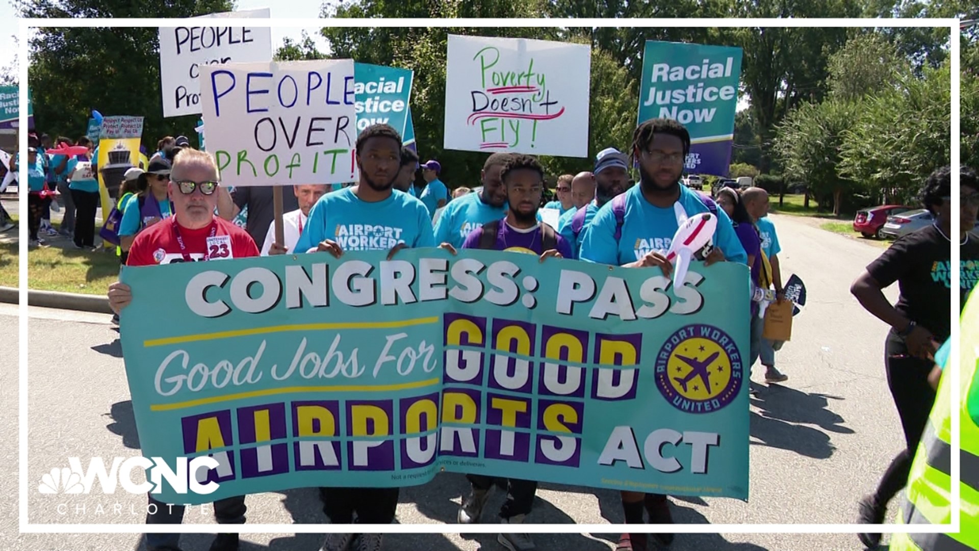 Hundreds of service workers at Charlotte Douglas Airport are calling on Congress to improve pay and benefits.