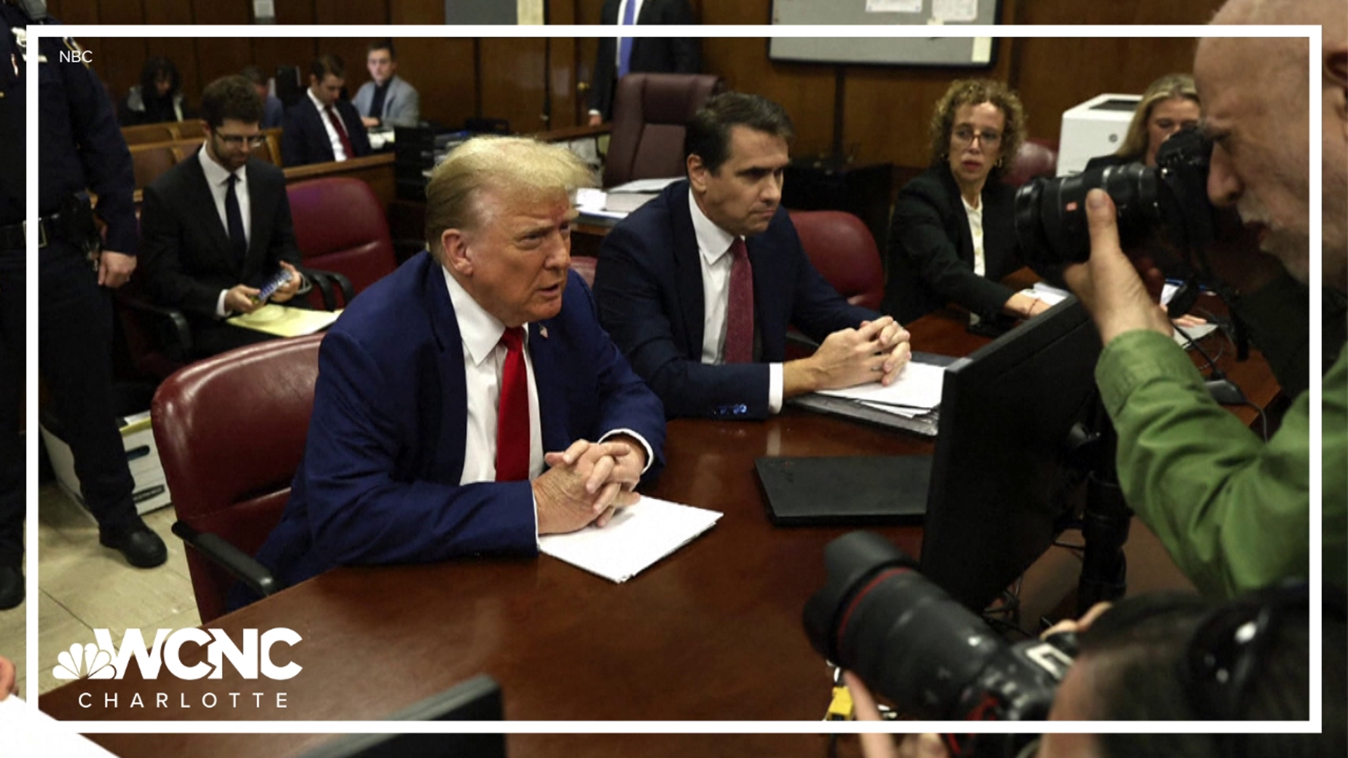 Daniels strode briskly into the courtroom before being sworn in, not pausing to look at Trump, who stared straight ahead as she entered the room.