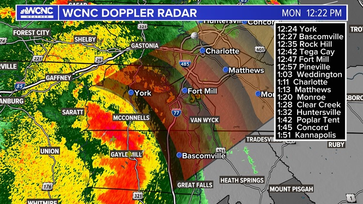 Strong storms, with gusty winds and heavy rain, moving through the Carolinas