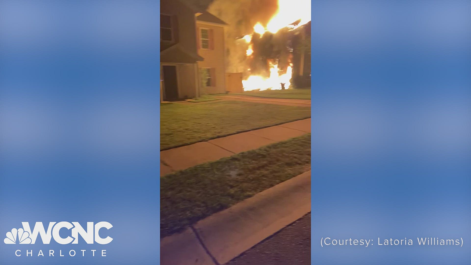 Viewer video captures a fireworks-sparked blaze that ripped through a Charlotte apartment early Sunday morning. (Courtesy: Latoria Williams)