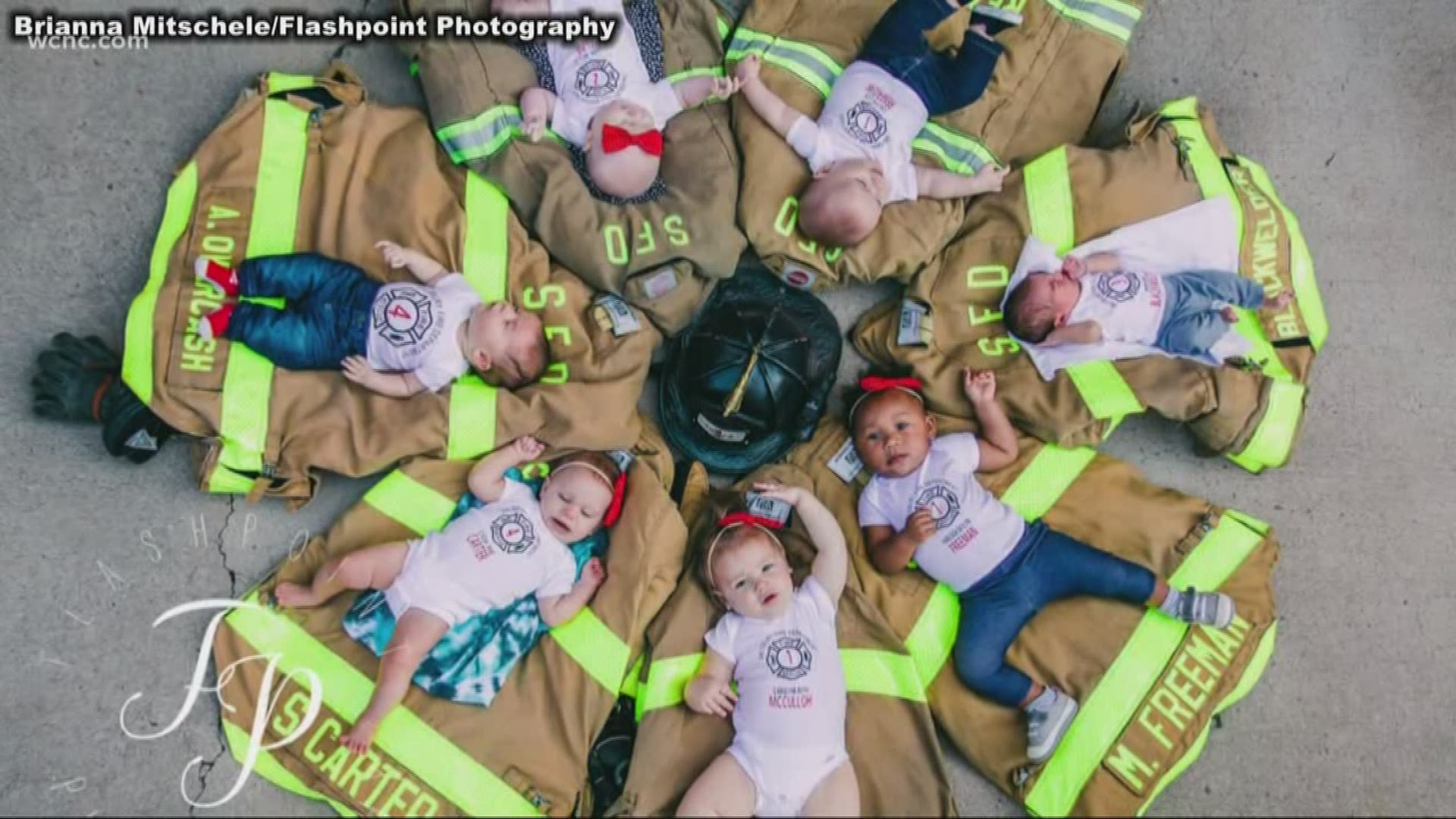 Seven firefighters and their significant others found out they were all expecting at the same.