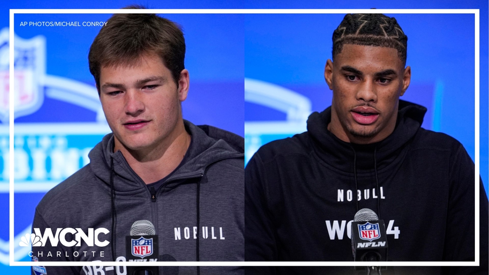 Myers Park grad Drake Maye and former Davidson day QB Sam Hartman making the media rounds at the NFL Combine today