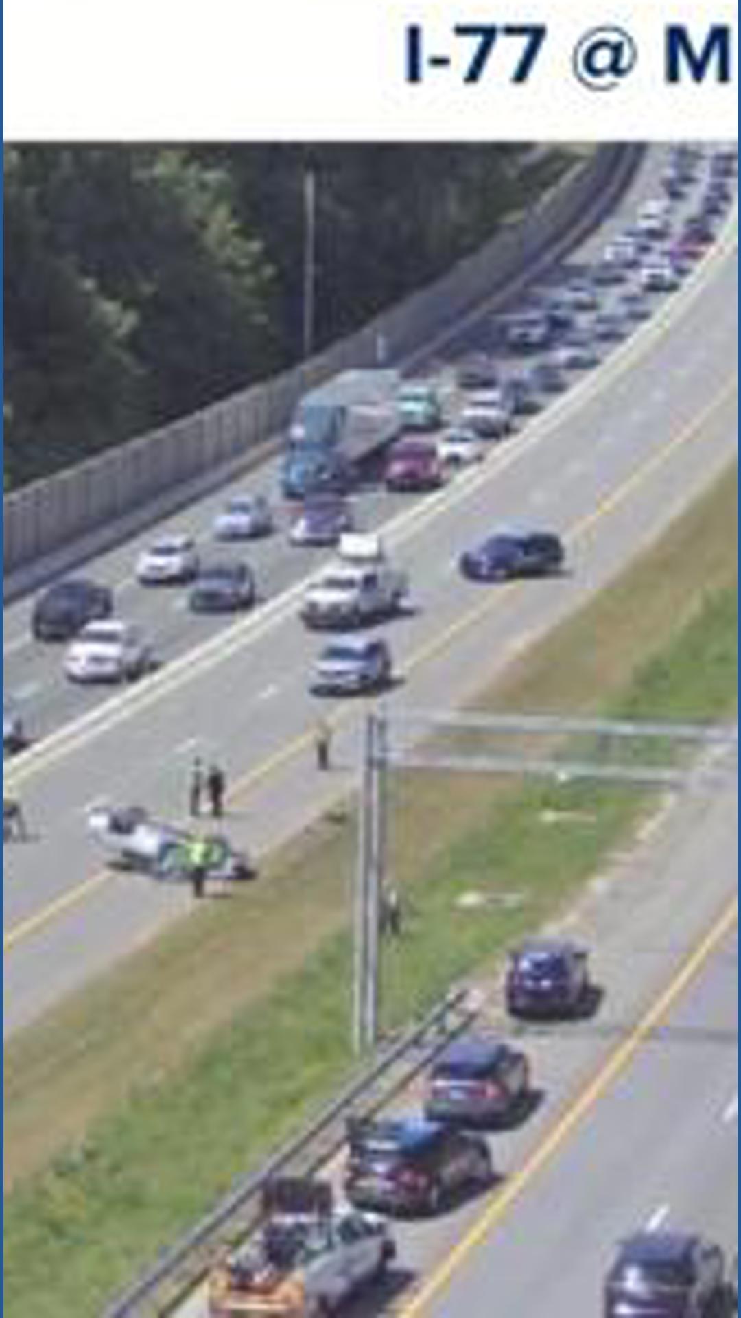 Car overturns on I-77 in Huntersville, 1 person hurt | wcnc.com