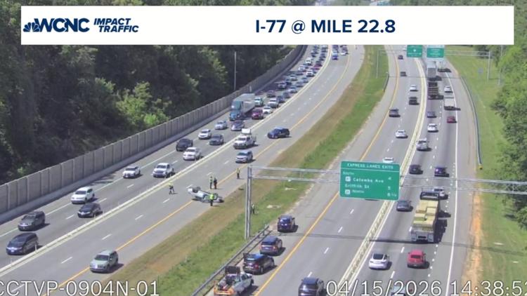 Car overturns on I-77 in Huntersville, 1 person hurt | wcnc.com
