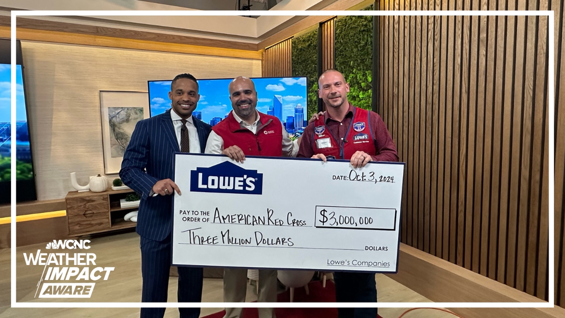 Lowe's donates $3M to the American Red Cross to help those impacted by Hurricane Helene.  The money was donated by Lowe's customers across the country.