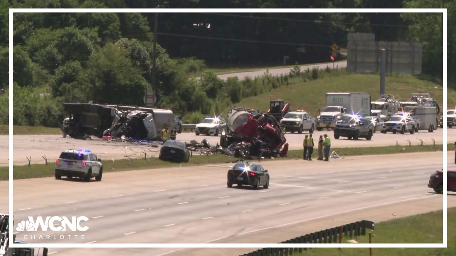One person died and another was airlifted in critical condition when two tractor-trailers crashed on I-485 in north Charlotte on Friday morning.