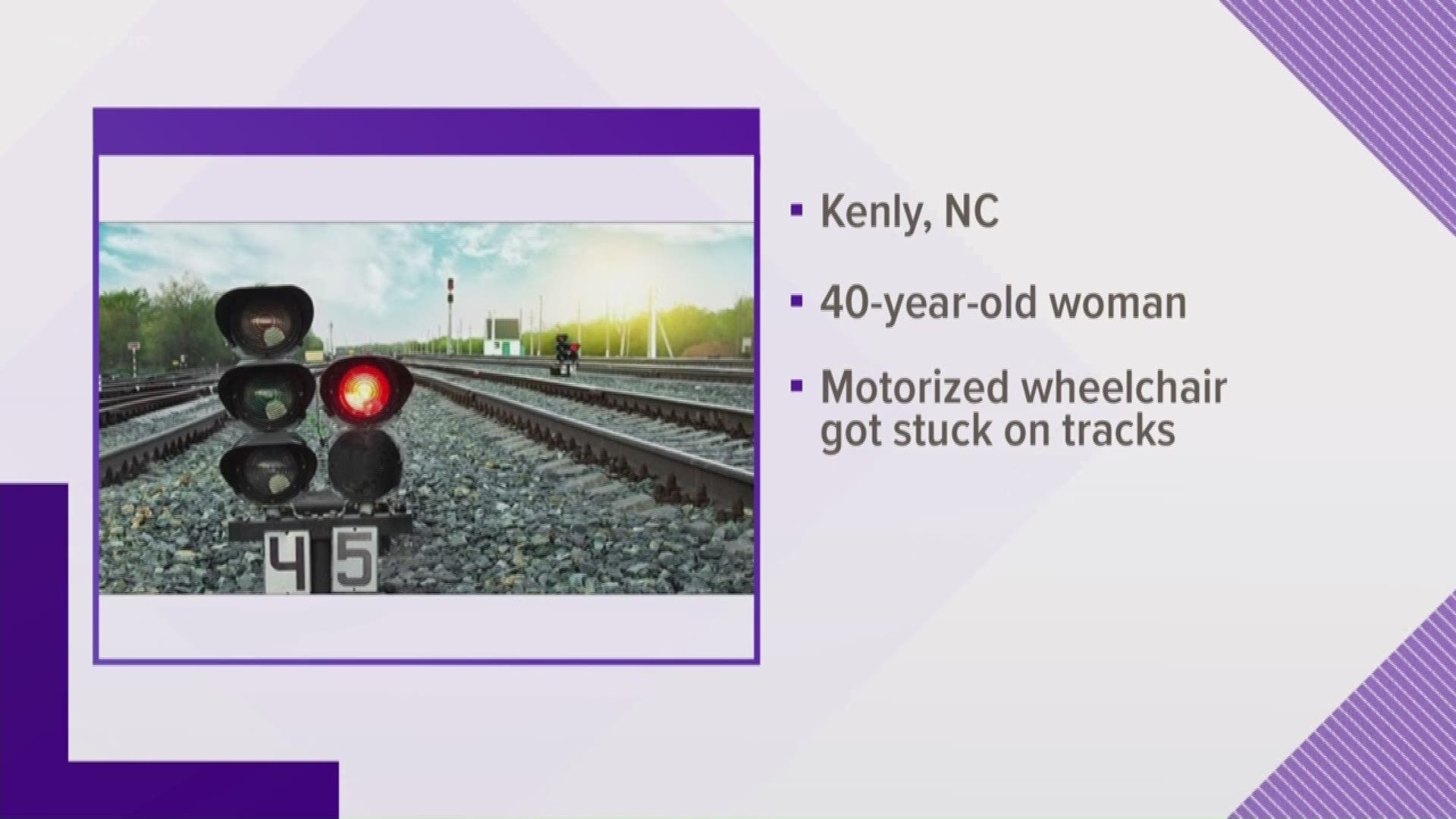 A North Carolina woman is dead after her motorized wheelchair got stuck while she crossed railroad tracks and she was hit by a freight train.