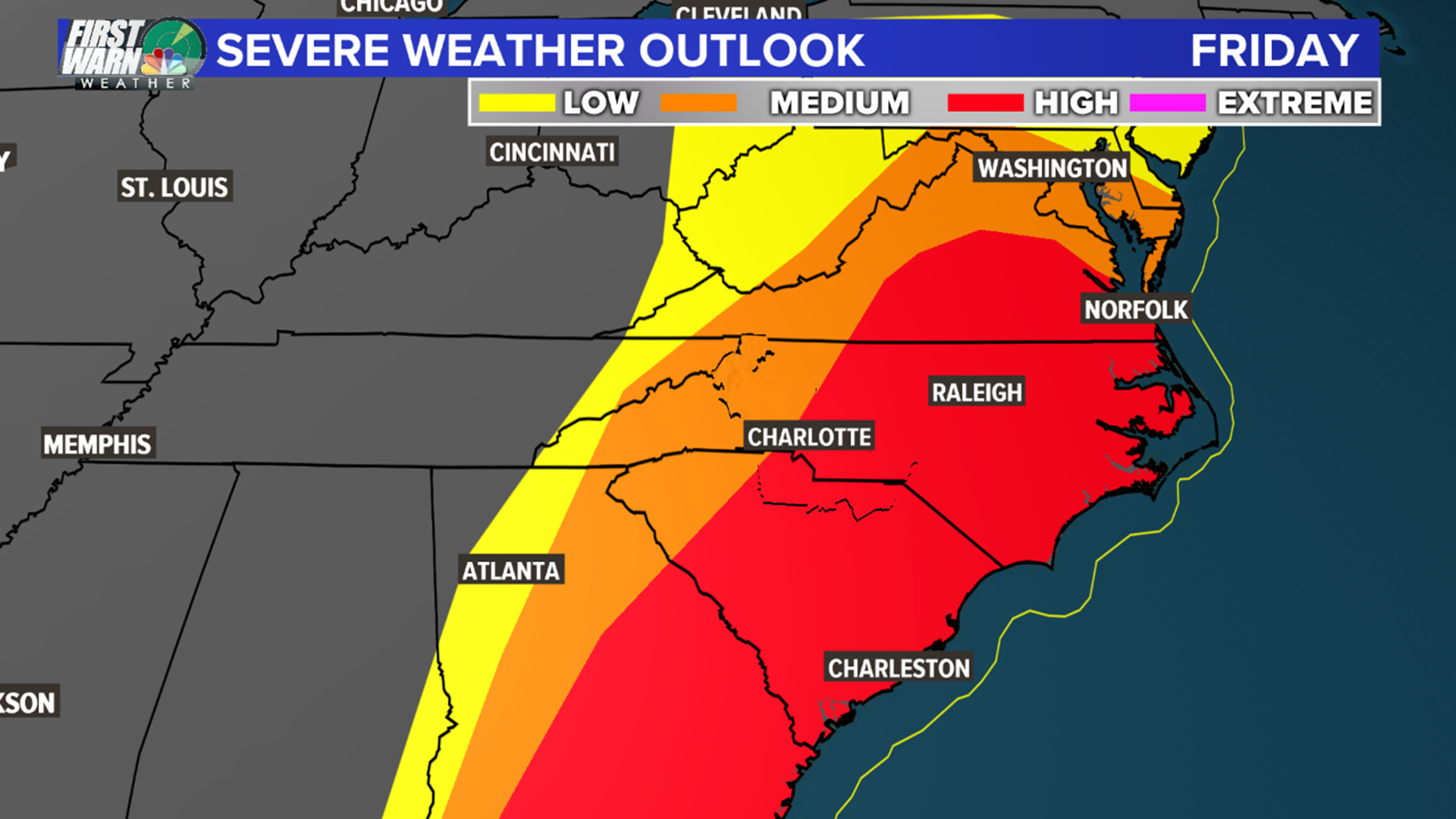 Threat for severe weather increases tomorrow with the primary threats being heavy rain and damaging winds. We'll also have to watch for hail and an isolated, brief tornado.