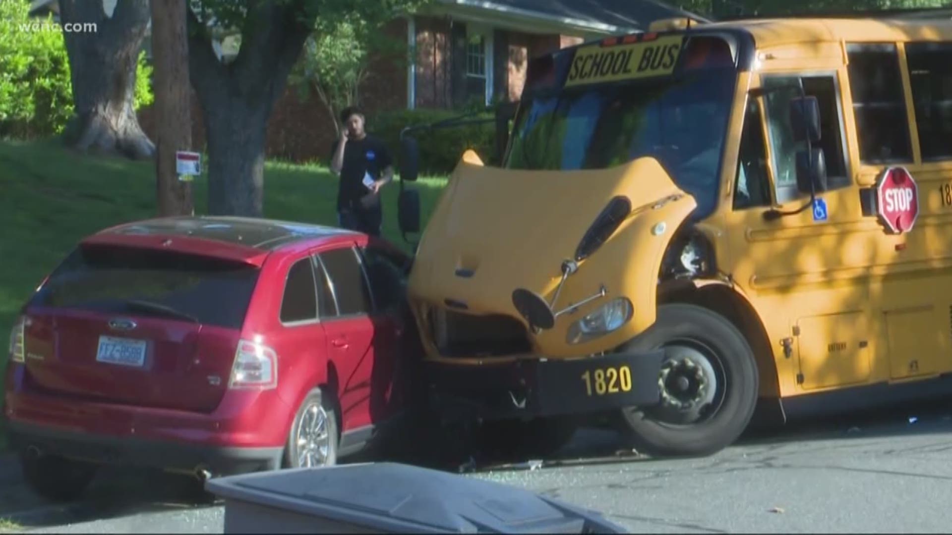 CMS bus 1820 collided with a car on Starcrest Drive around 7:30 a.m. CMS said two students were on the bus at the time of the crash.