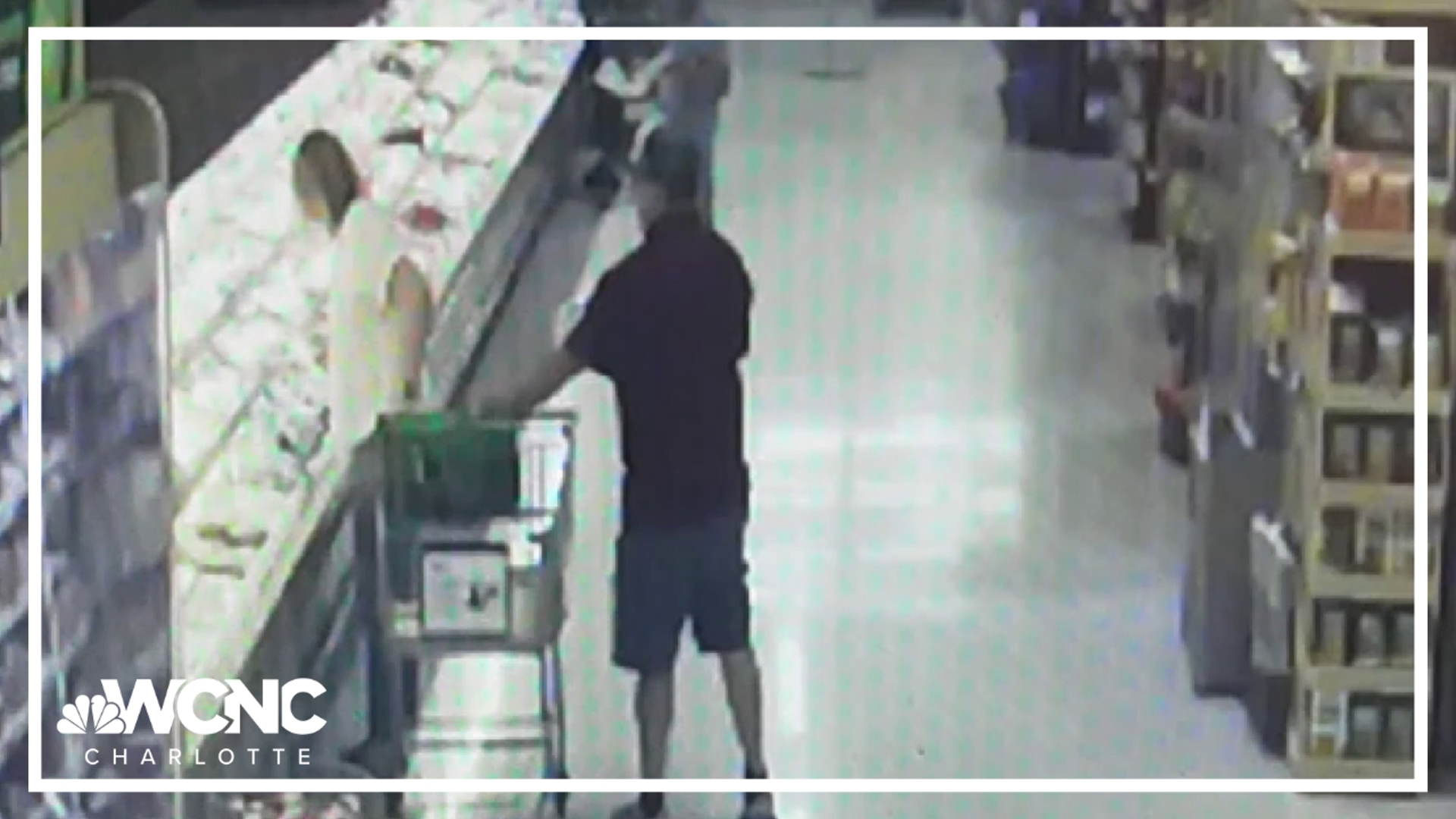 Surveillance video shared by the Gastonia Police Department shows a woman shopping at the Publix on Hoffman Road, when a man is accused of taking her wallet.