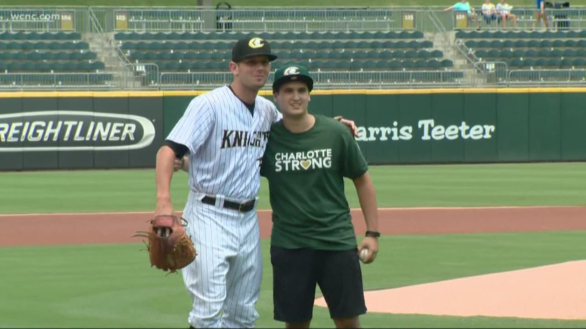 UNC Charlotte shooting survivor Drew Pescaro took the pitching mound Sunday for the Charlotte Knights. He was invited to throw the ceremonial first pitch.