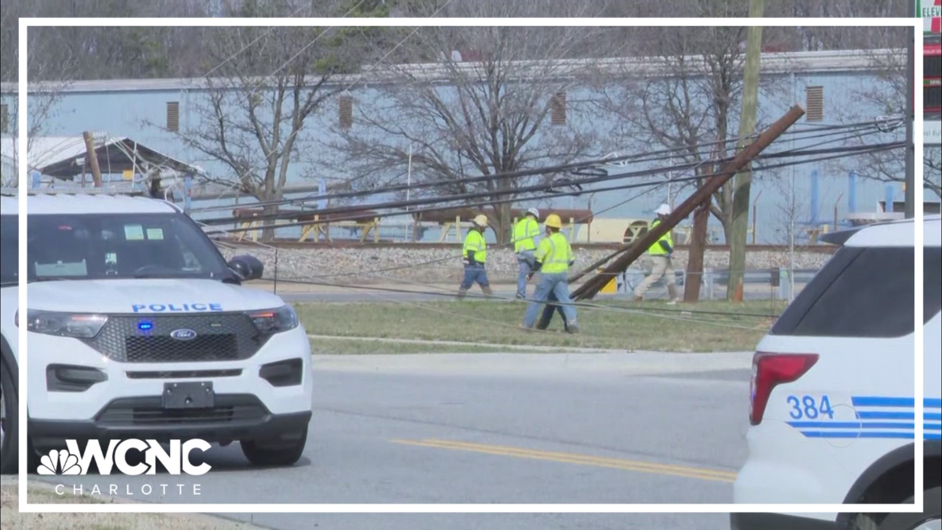 Officials said a vehicle hit the pole and then dragged the lines down the road.