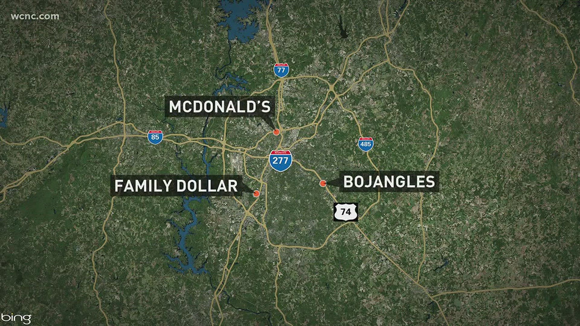 Police are investigating robberies at McDonald's, a Family Dollar and a Bojangles where shots were fired Monday night.