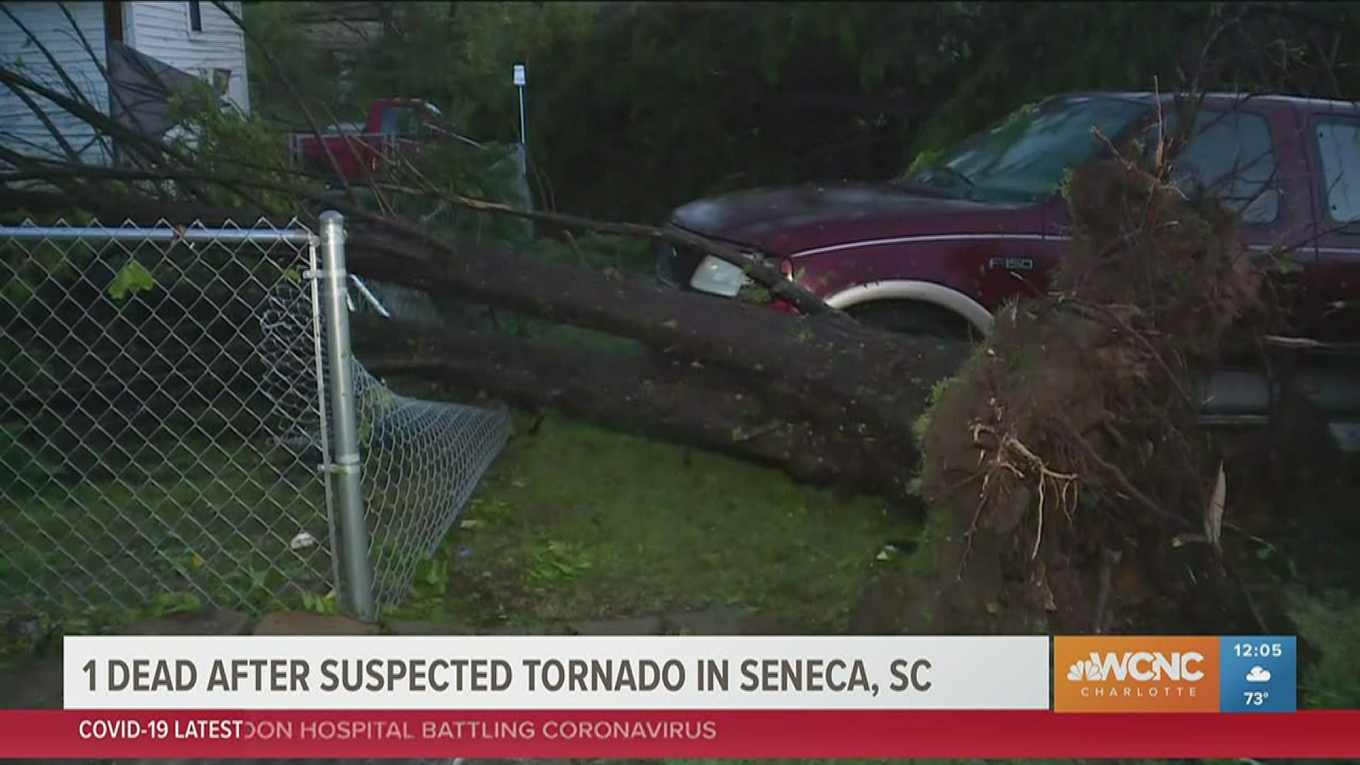 One person was killed when a believed tornado touched down in Seneca, South Carolina early Monday, causing widespread damage.