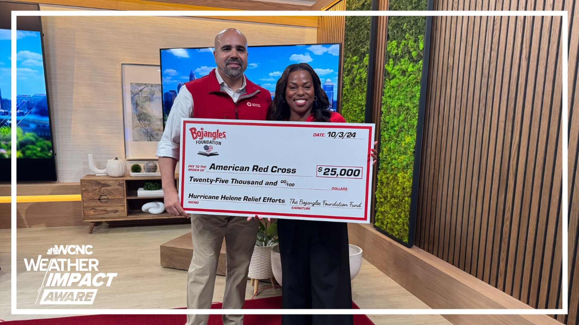 The Bojangles Foundation joined the WCNC Charlotte phone bank to present the American Red Cross with a $25,000 donation to help with Hurricane Helene relief efforts.