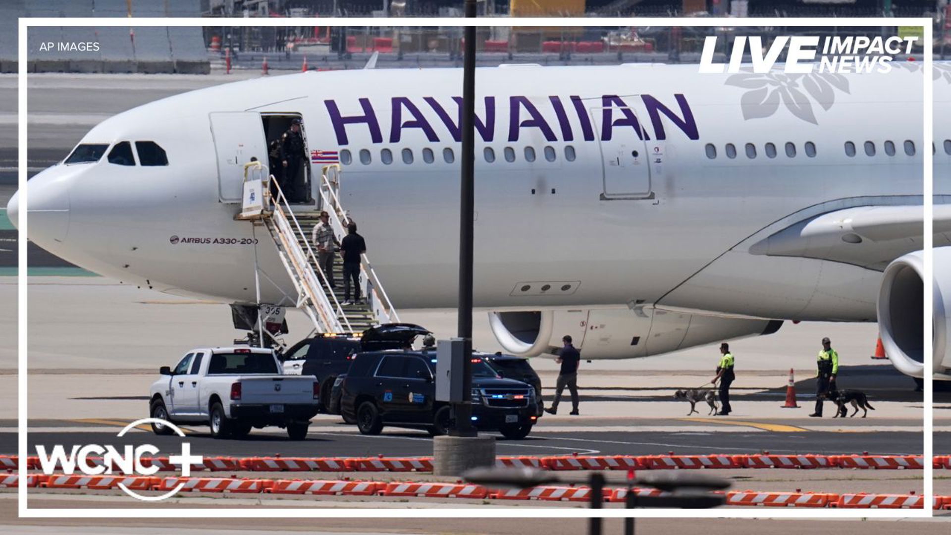 The plane had not taken off and was surrounded by emergency vehicles on the tarmac.