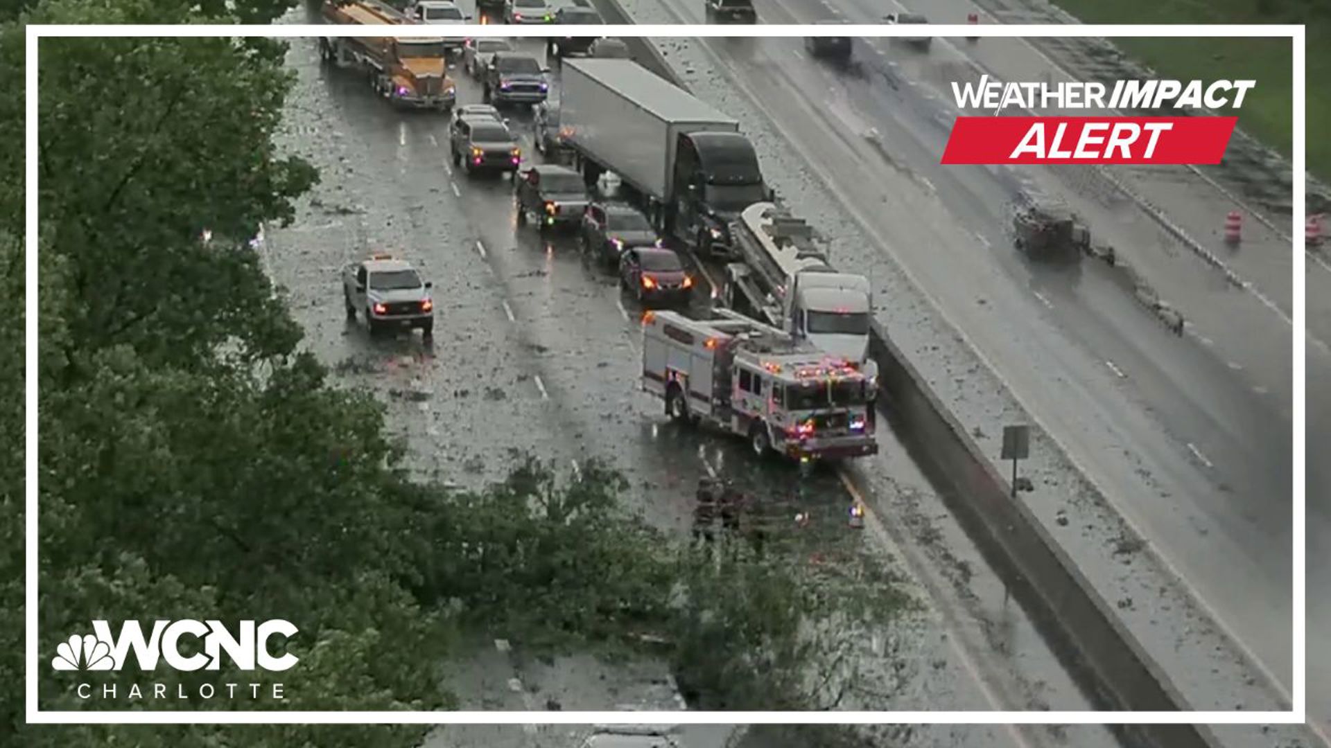 Massive tree blocks I-77 in Mooresville during severe weather