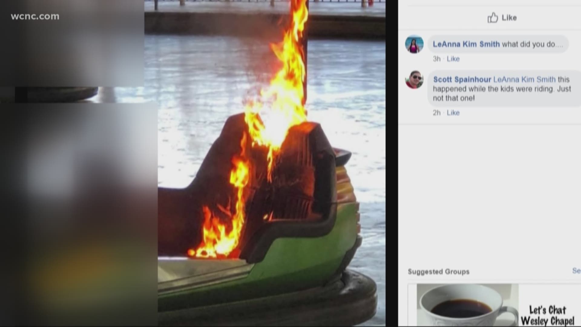 In the video, you can see the flames consuming the bumper car before an attendant grabs a fire extinguisher.