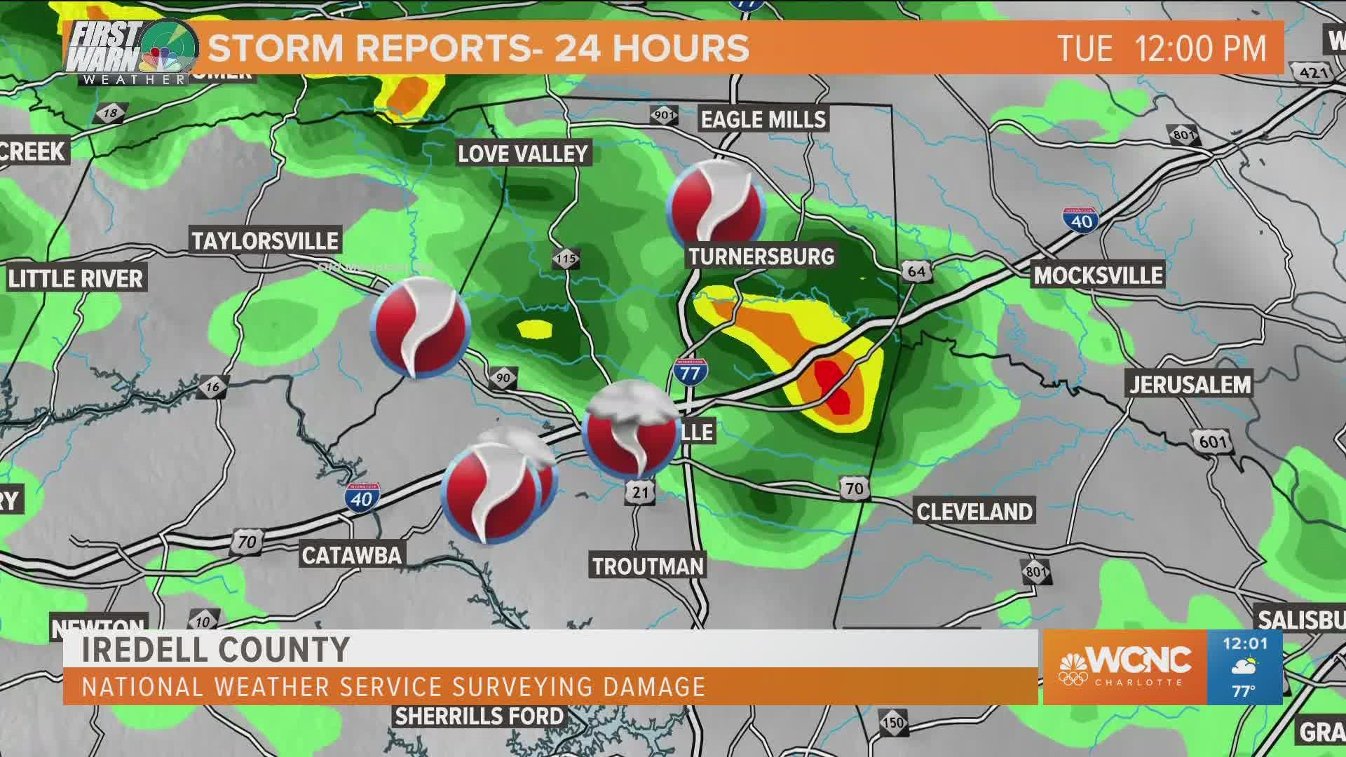 Crews from the National Weather Service were in Iredell County Wednesday, surveying storm damage after multiple tornado warnings during Tuesday's outbreak.