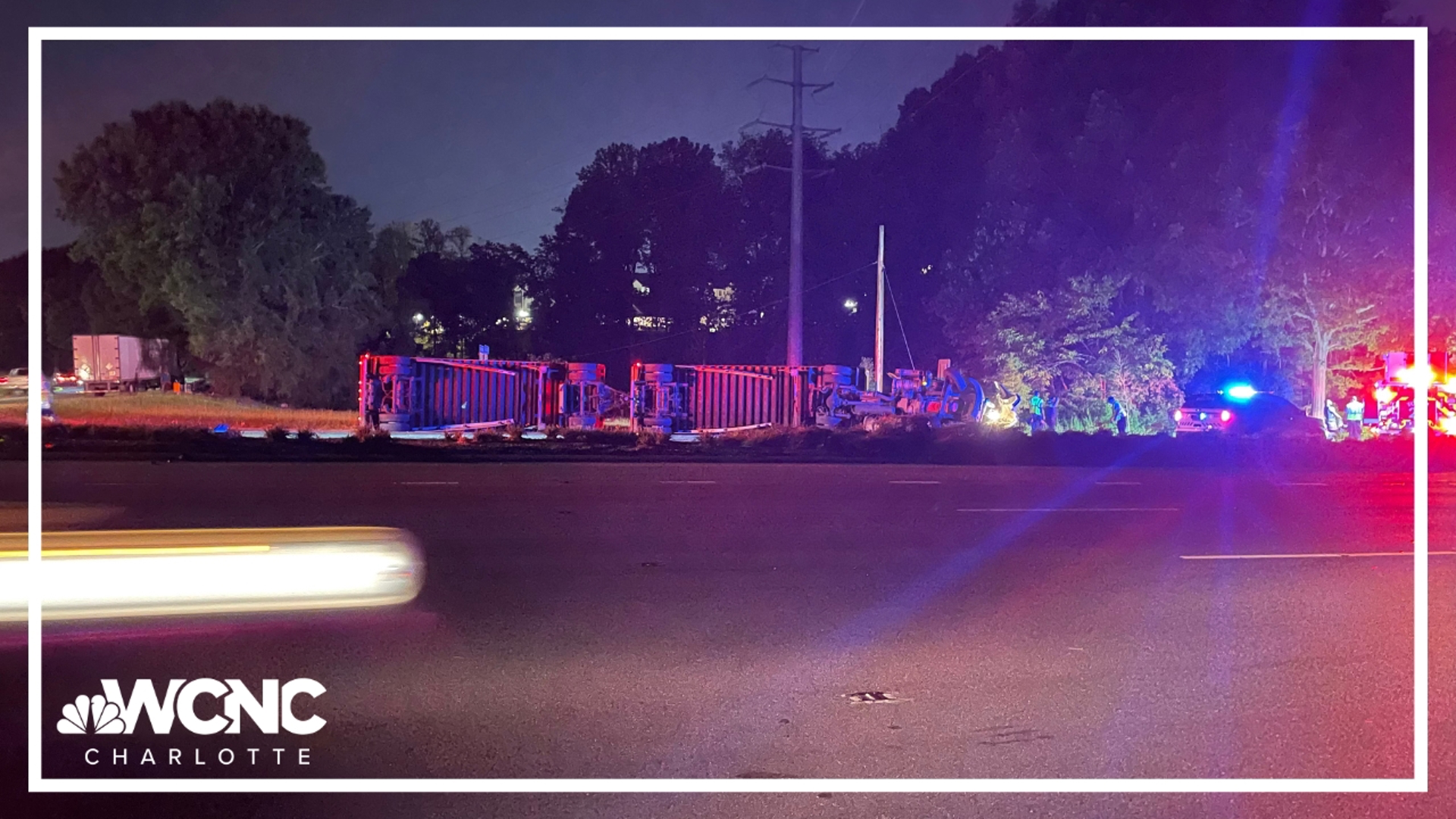 A crash involving an overturned 18-wheeler left one person seriously hurt and blocked all lanes of a section of a busy northeast Charlotte road.