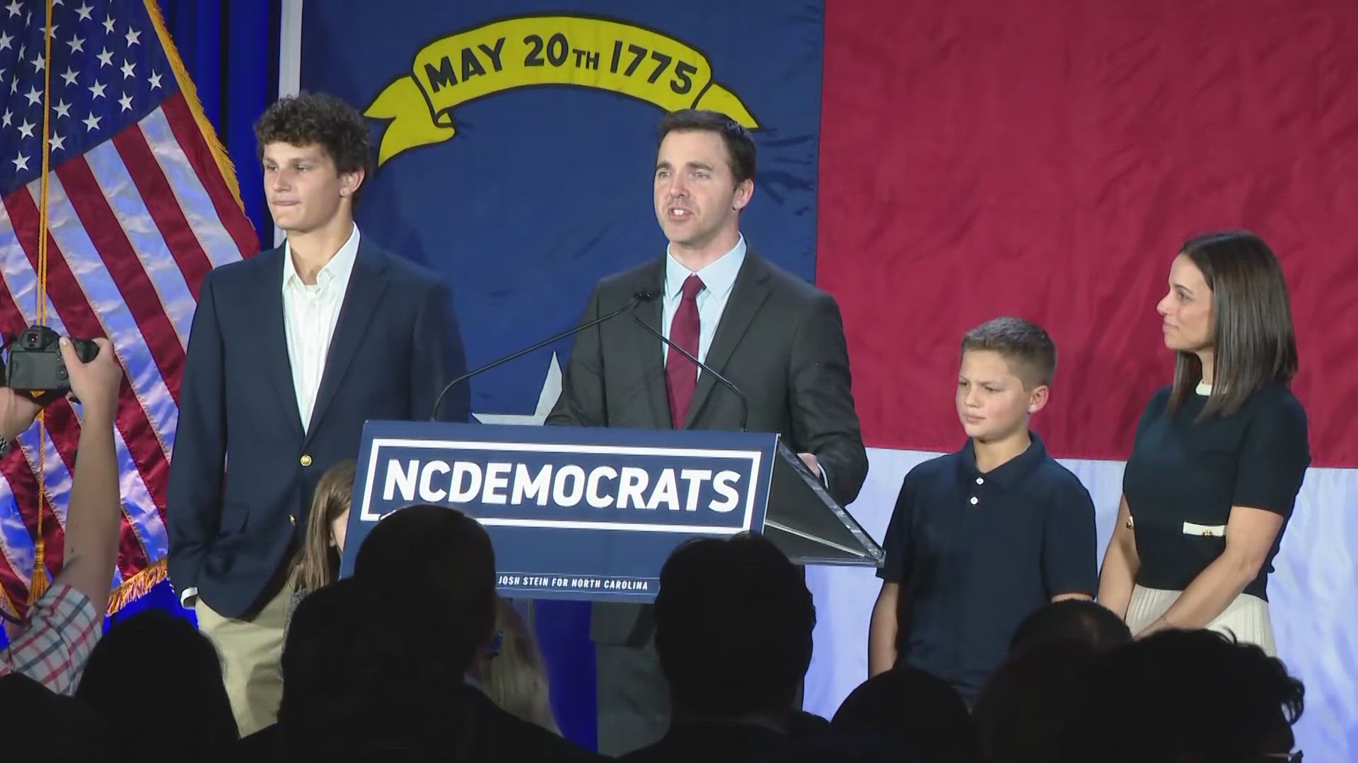 Democrat Jeff Jackson gives a victory speech after being projected to win the election for North Carolina attorney general, AP projects.