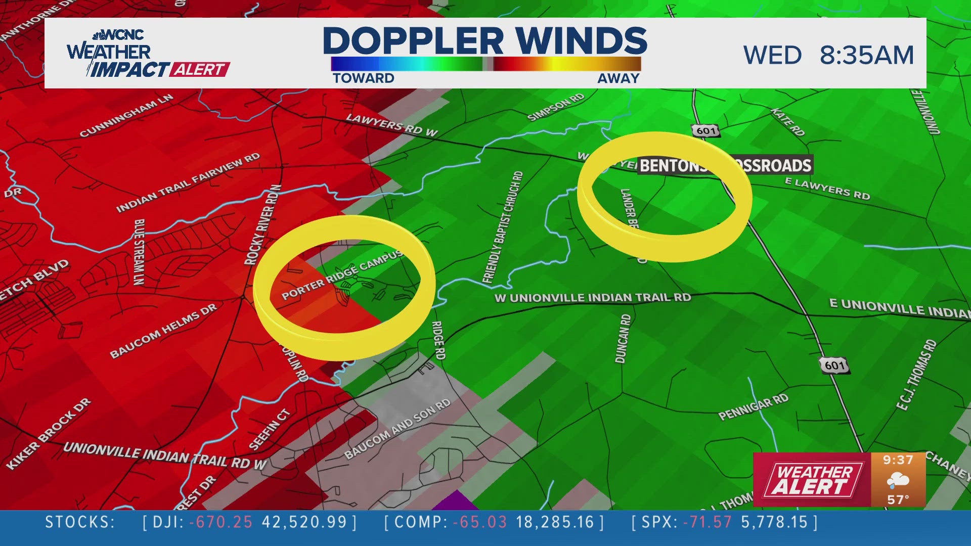 Radar analysis shows a possible tornado that produced storm damage in Union County, NC on Wednesday. 