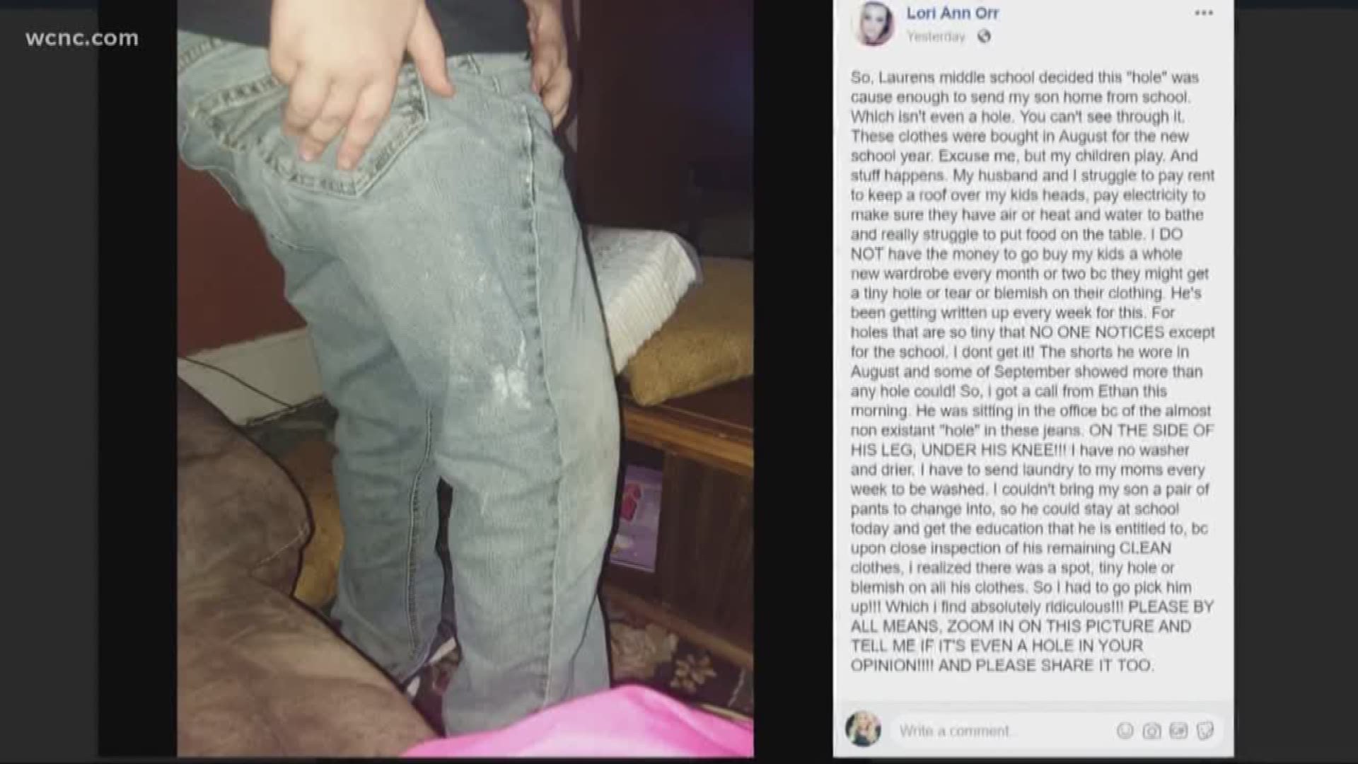 A student in South Carolina was sent home for having a "emerging hole" in his jeans. The district's dress code policy came under fire.