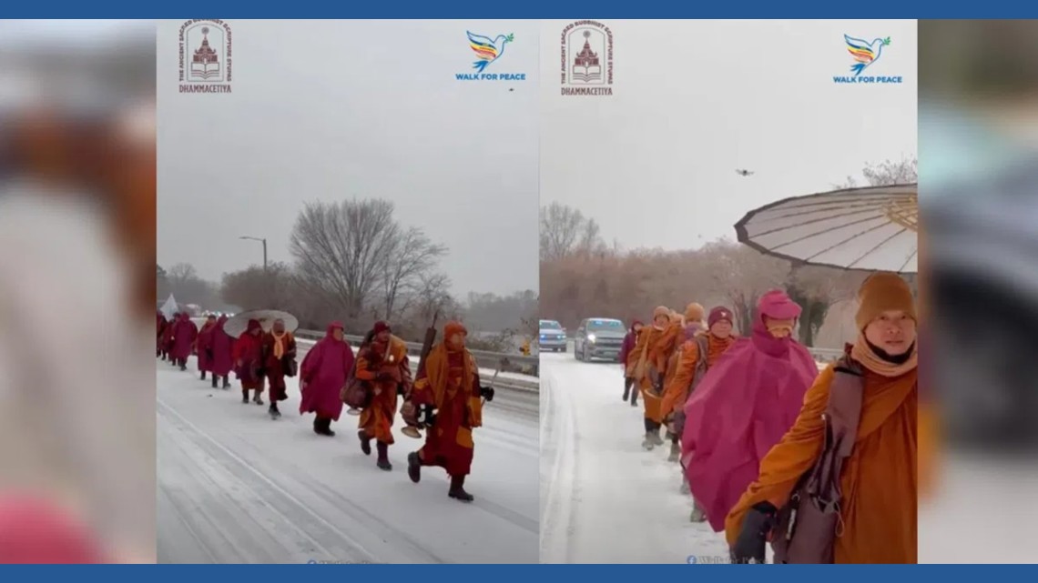 'This is why we walk': Monks brave snow, sleet toward Raleigh temple