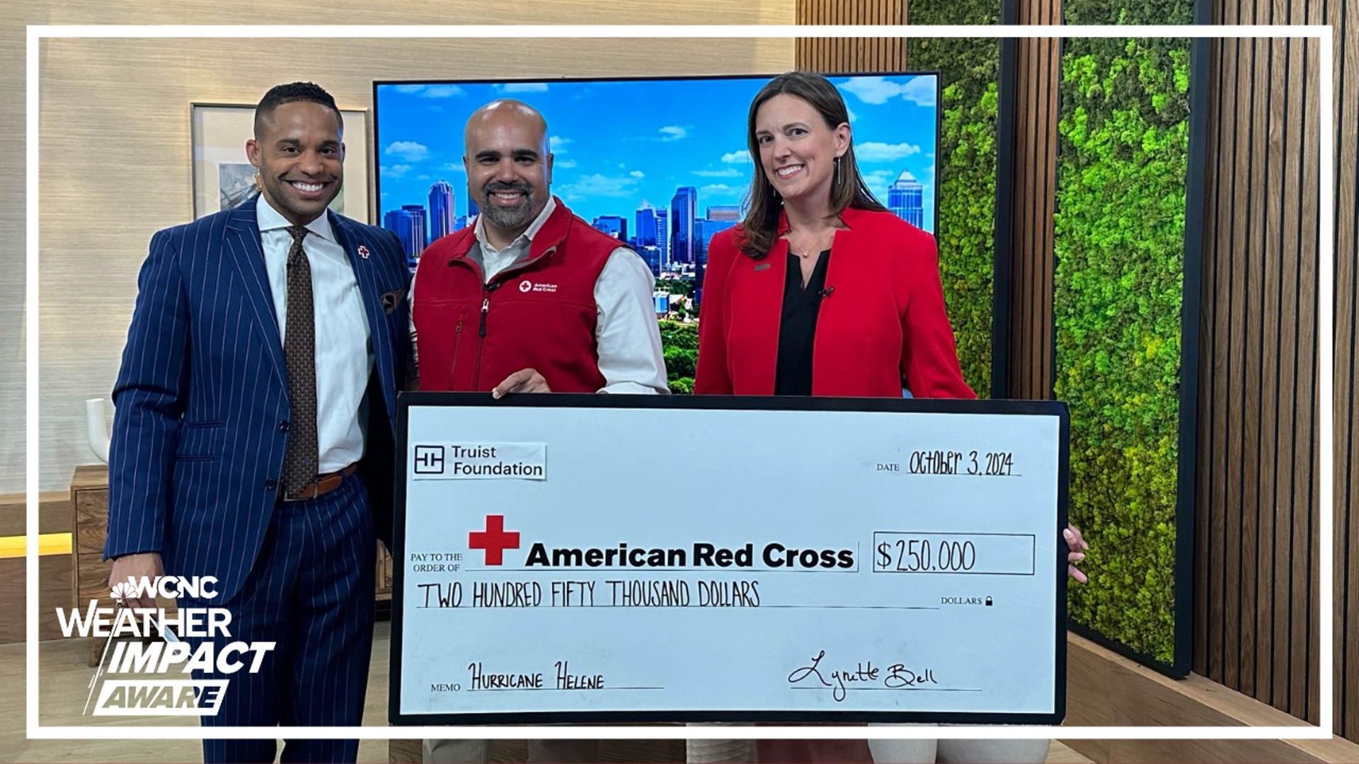 The Truist Foundation presented a check during the WCNC Charlotte phone bank to the American Red Cross for $250,000 to help those impacted by Hurricane Helene.