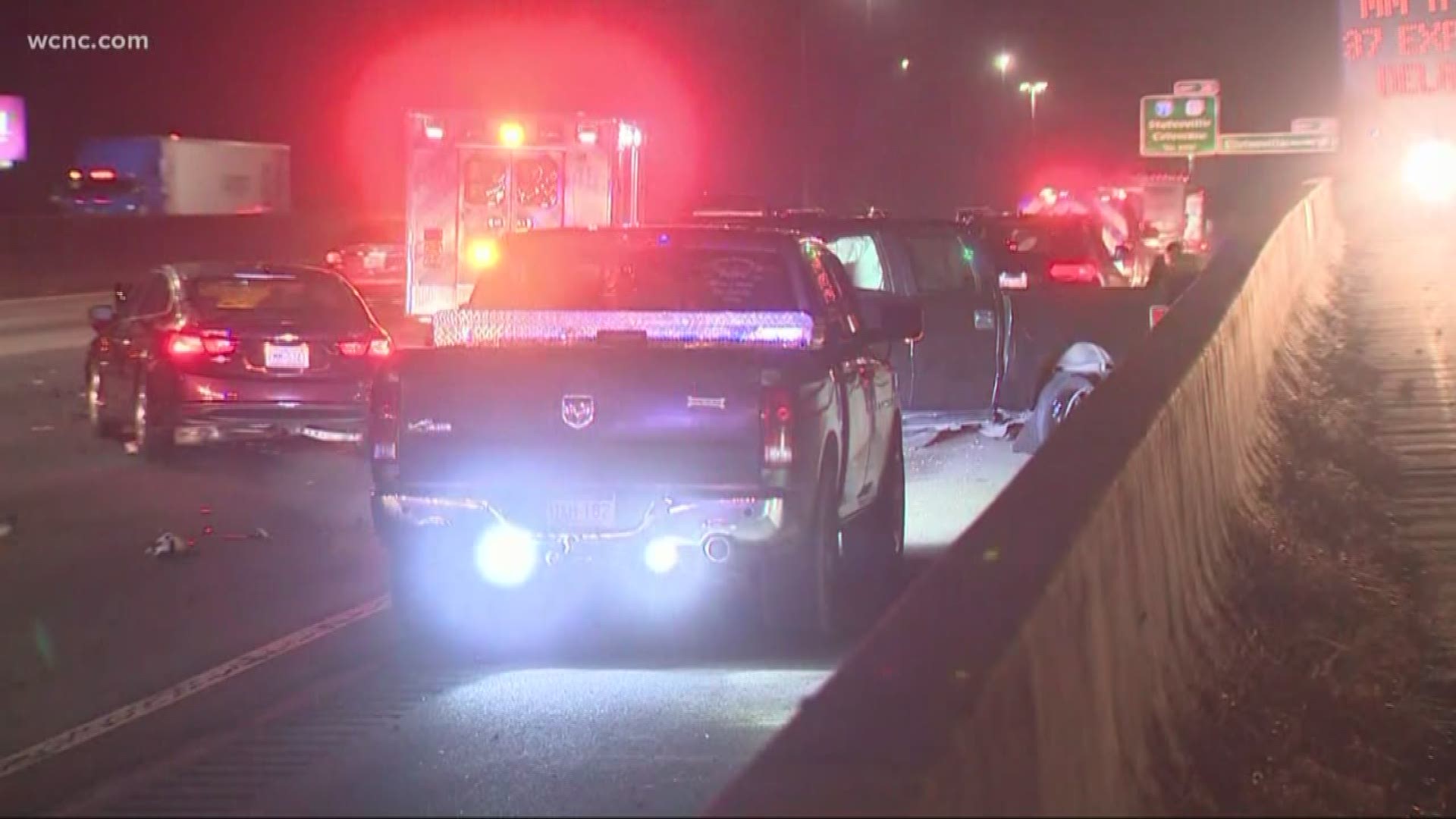 Three people were taken to a hospital after a multi-vehicle crash on I-85 in north Charlotte Monday morning.