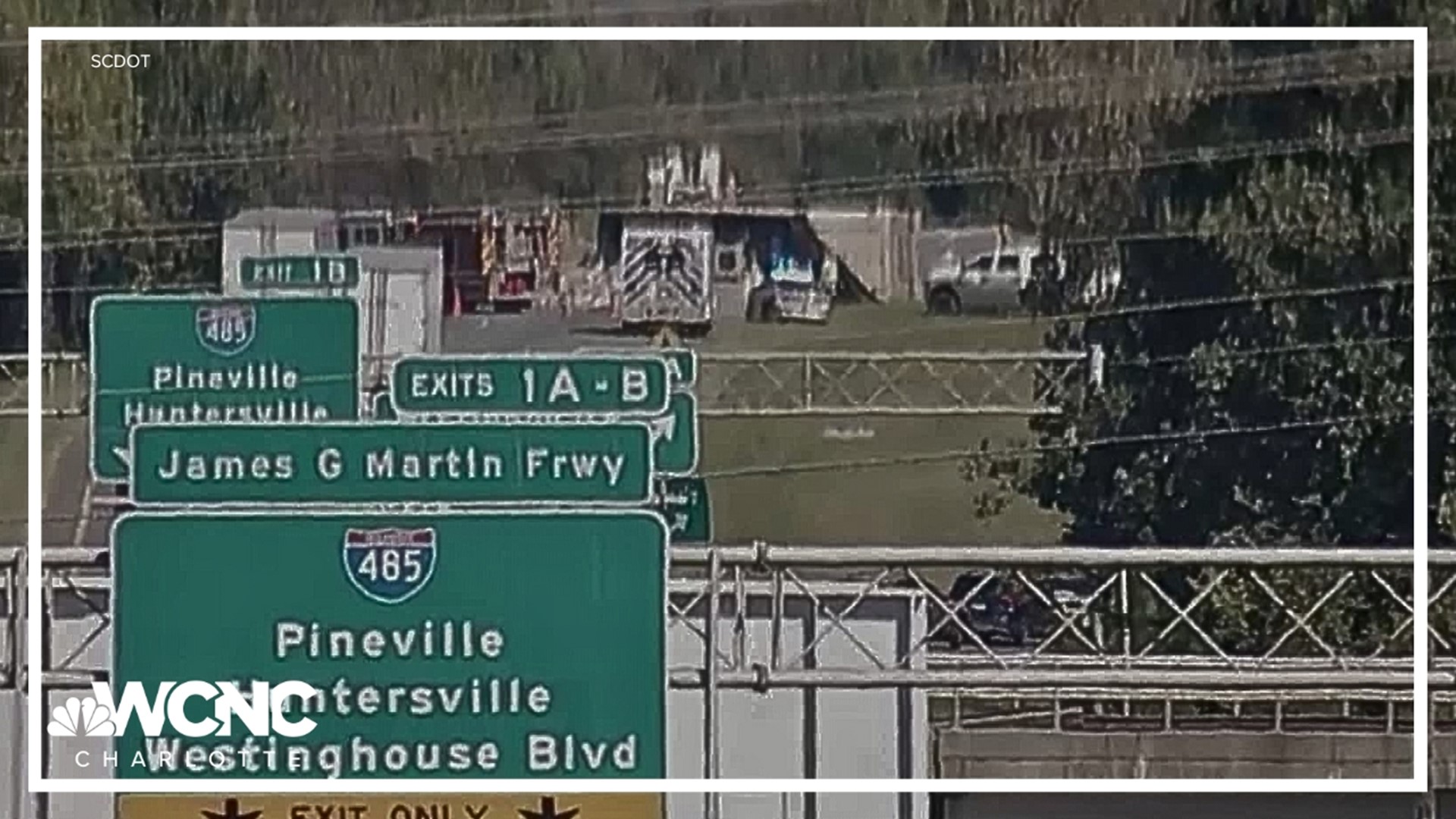 A truck overturned on the ramp that carries traffic from South Carolina onto I-485 in either direction.