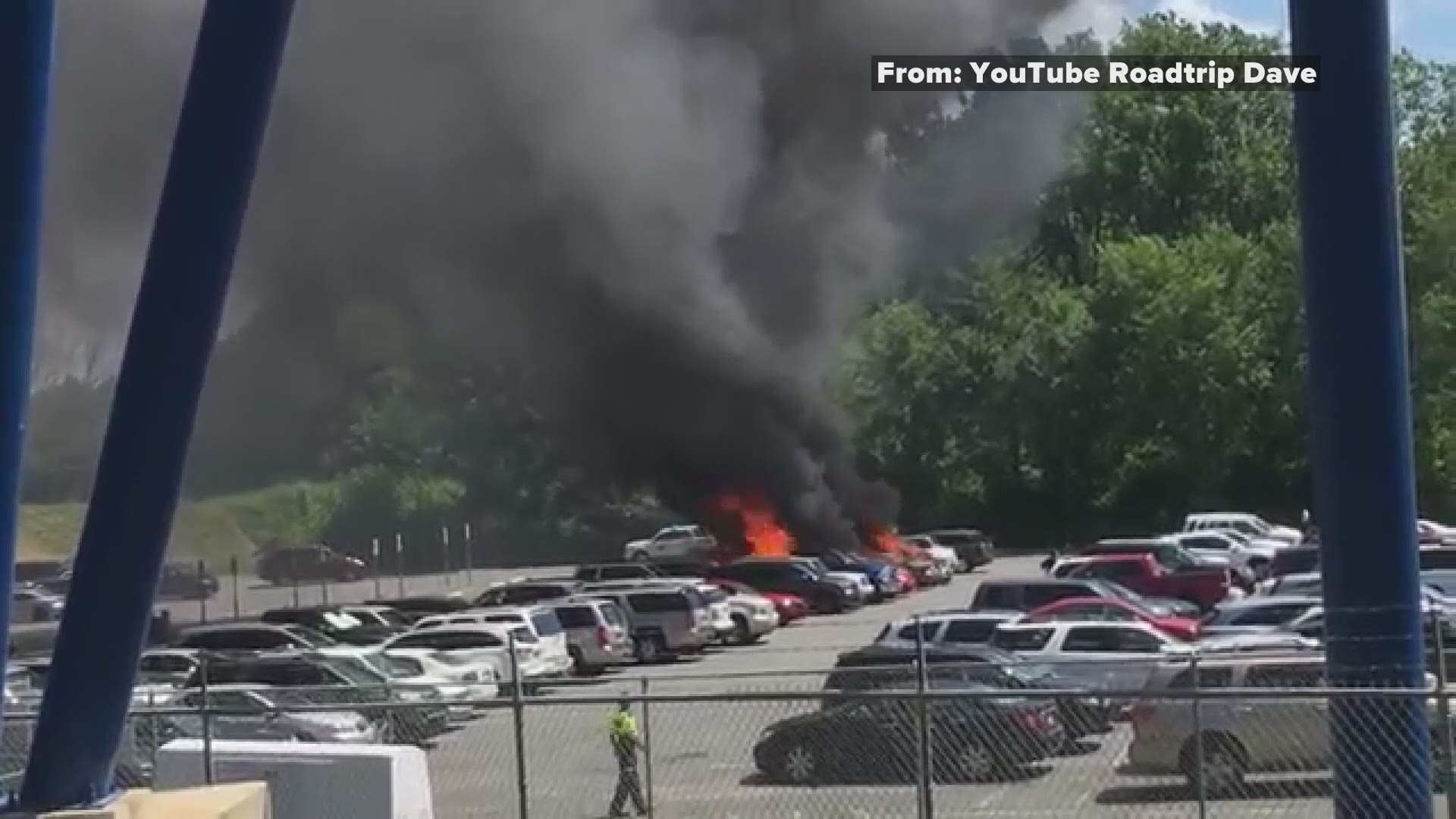 Here is another view of the fire in the Carowinds parking lot. Officials say about 10 cars were affected in Friday's fire.Video by Roadtrip Dave.