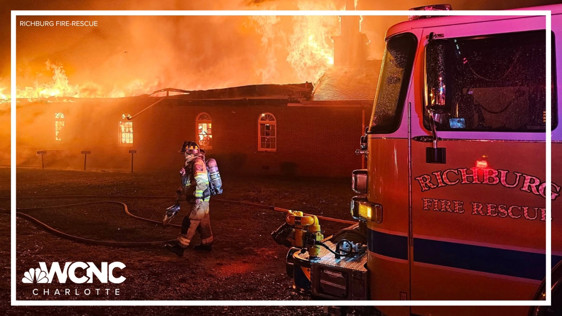 Flames were seen bursting through the roof of the church when firefighters arrived at the scene.