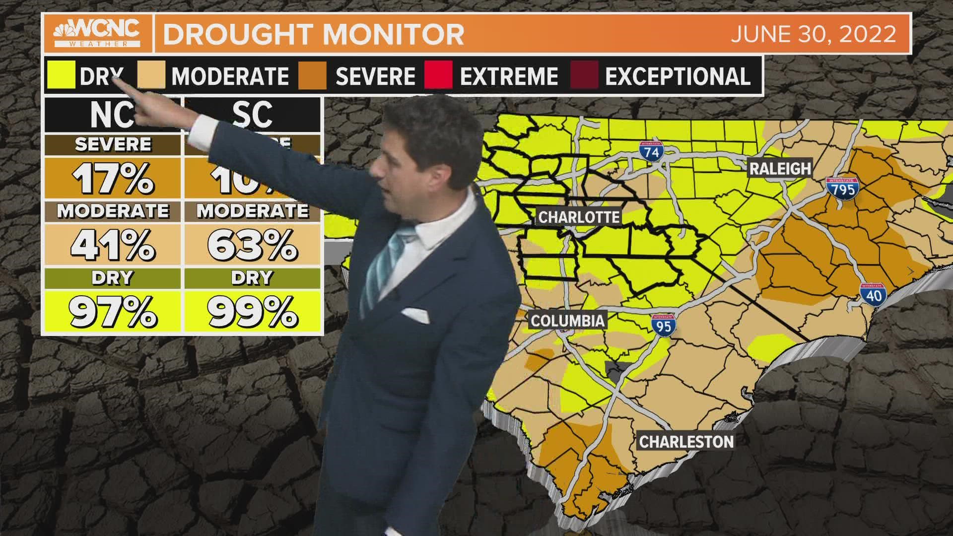 More than half of South Carolina is under a moderate drought and almost all of the Carolinas at least under an abnormally dry status