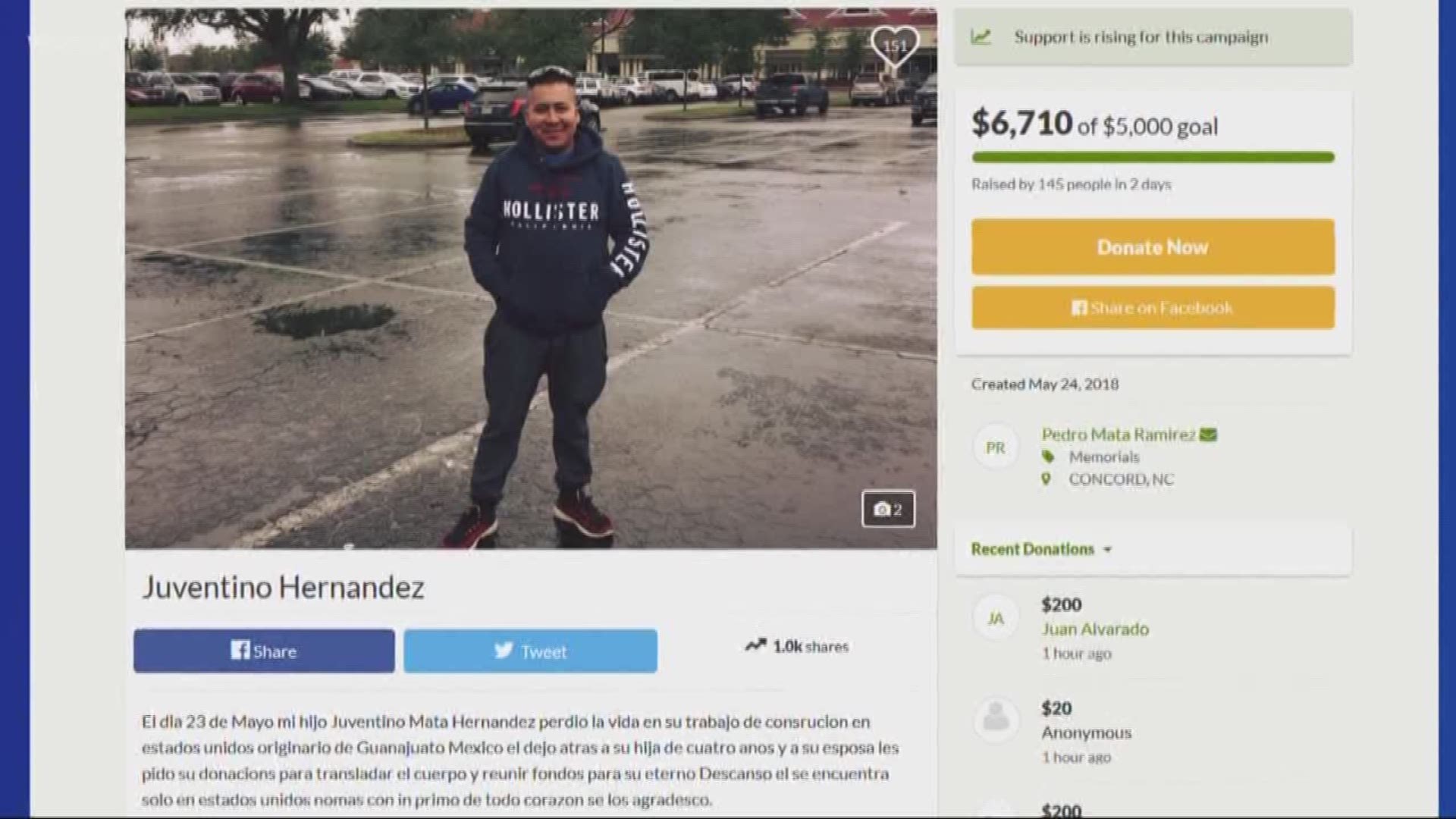 According to the GoFundMe page, the 24-year-old victim left behind a daughter and a wife.