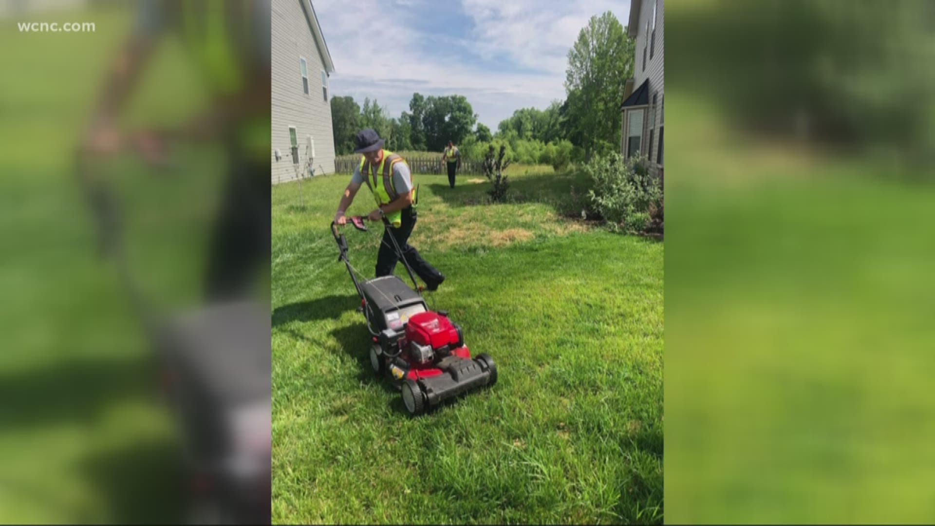 The firefighters dropped everything to help the woman mow her lawn, trim her bushes and even chat with her for a few minutes about the "joys in life."